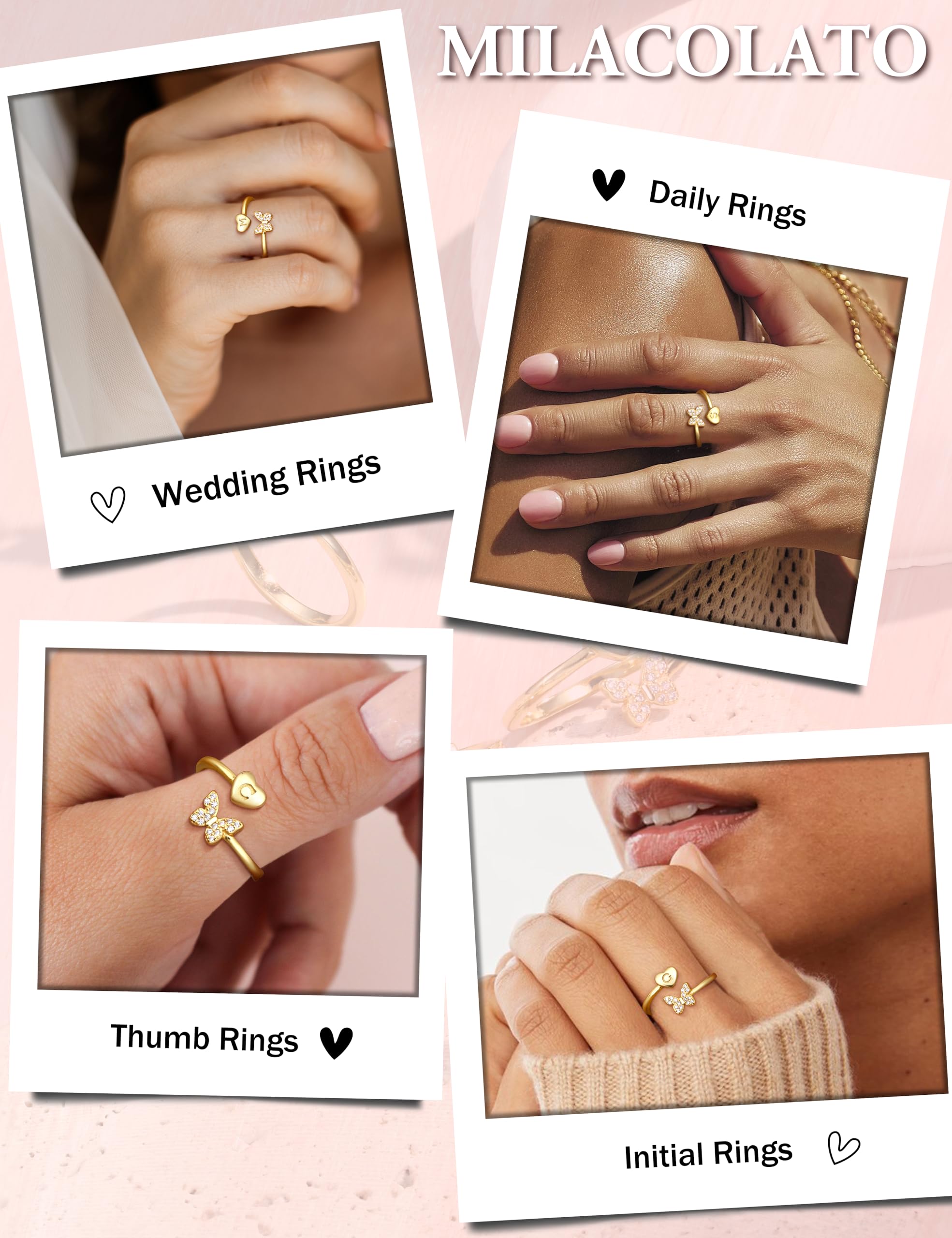WBDWWTD MILACOLATO Ringe aus 925er-Sterlingsilber für Damen und Mädchen, hypoallergen, verstellbar, Versprechensringe mit Anfangsbuchstaben, Gold, offenes Schmetterlings-Design, stapelbarer Ring, 18