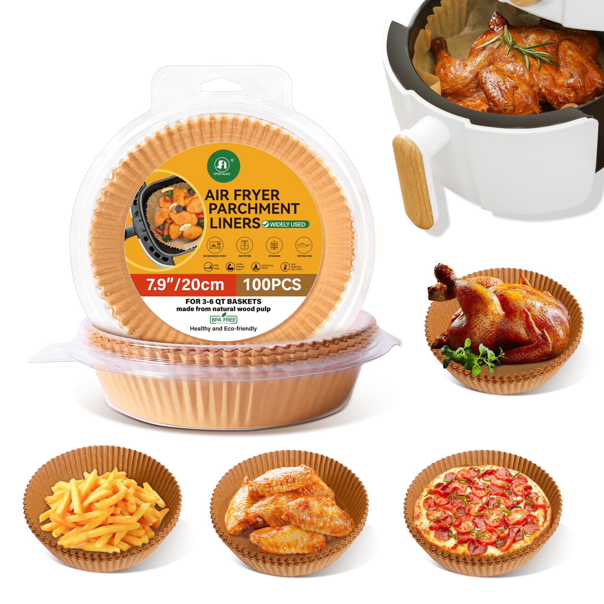 Air Fryer Liners, 7.9 Inch Round BPA-Free Air Fryer Disposable Paper Liners, Food Grade Baking Paper Oil-Proof, Water-Proof for Air Fryer Microwave (100pcs) โ image 1