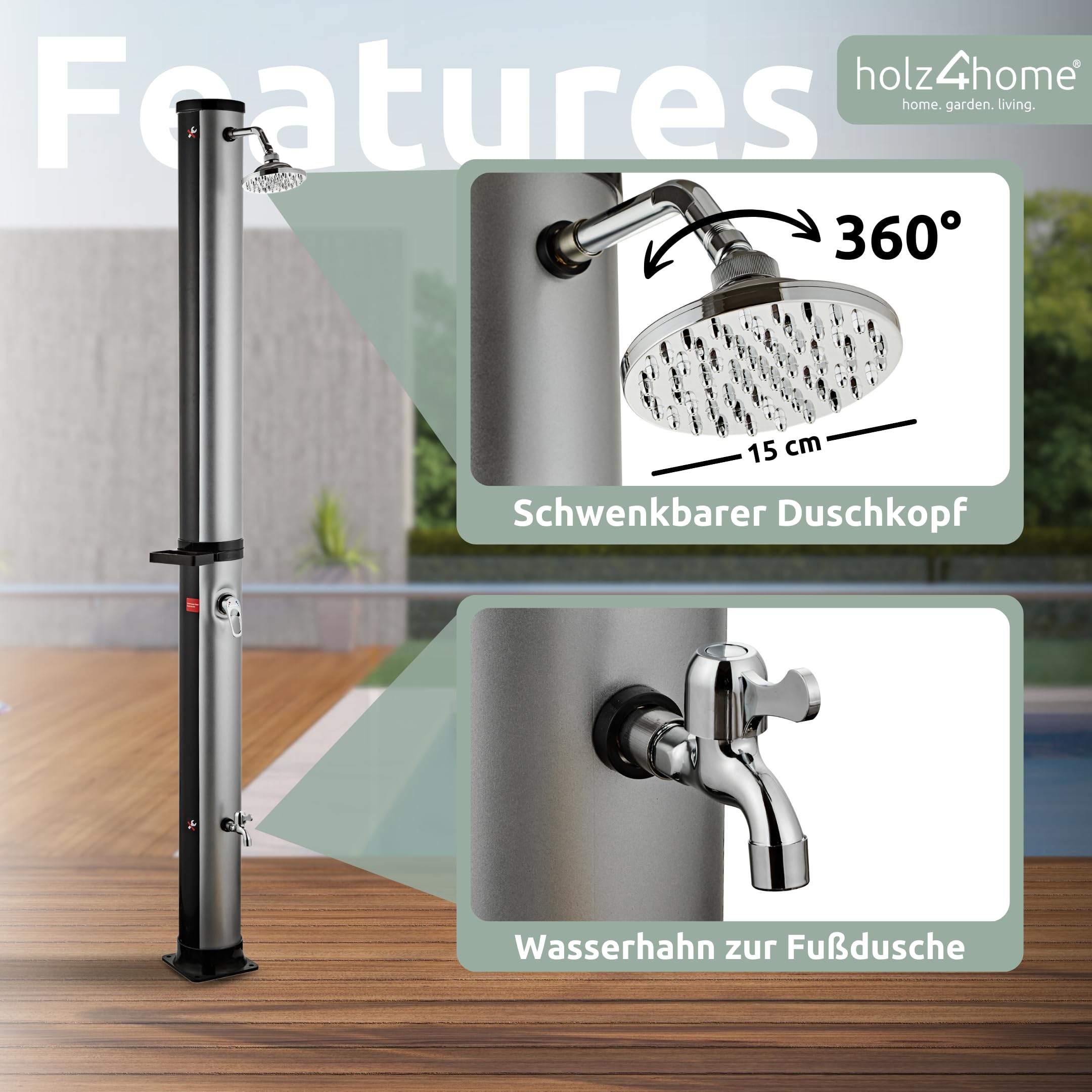 holz4home® Solardusche Gartendusche I Aussendusche mit Warmwasser bis 60°C I Outdoordusche für Garten & Pool inkl. Schutzhaube, Wasserhahn und Seifenablage