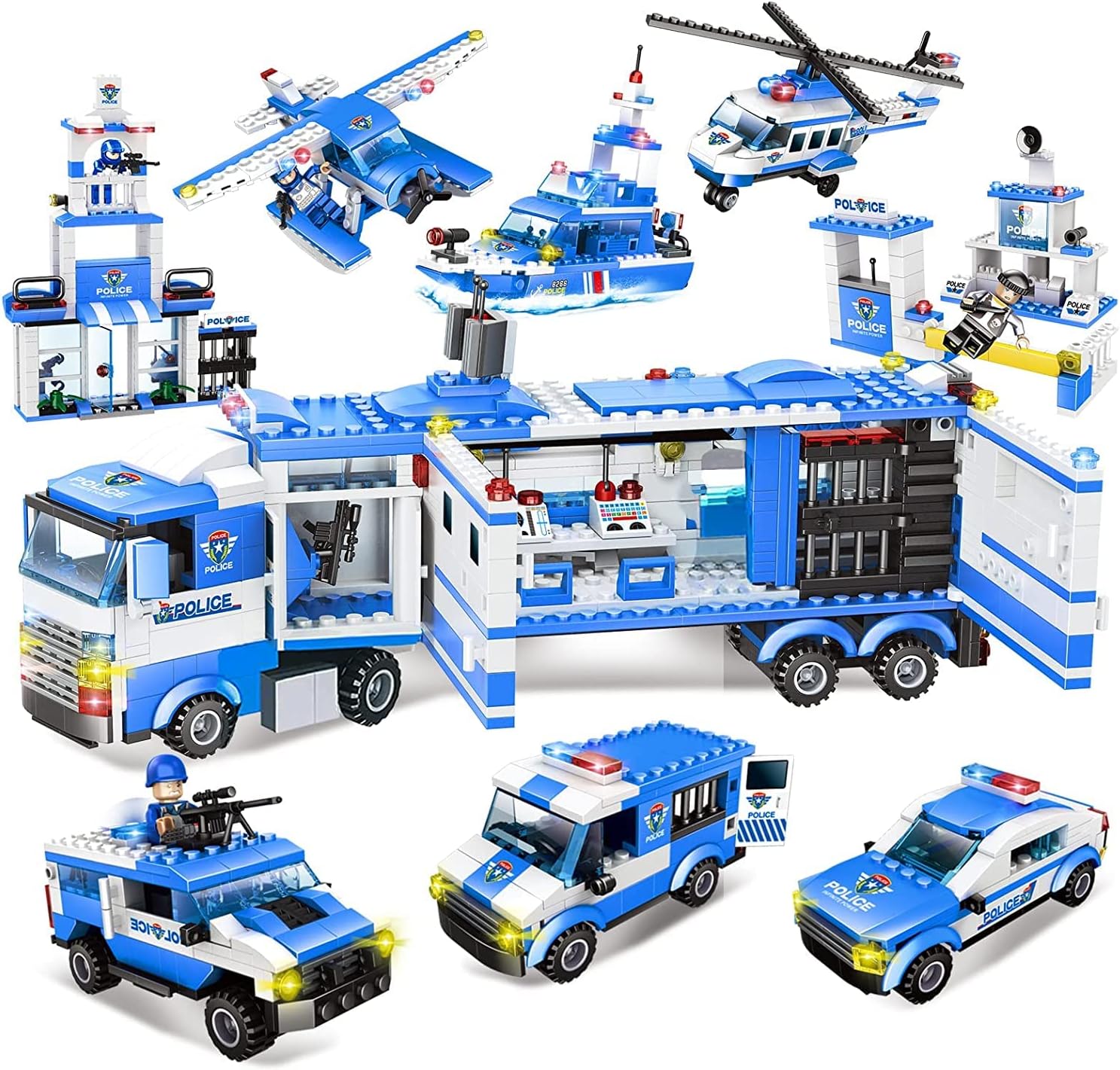 1122 Pieces City Police Station Building Kit & SWAT Mobile Command Center Truck Building Toy with Helicopter, Police Car, Patrol Boat Best Learning and Roleplay Toys Gift for Boys and Girls