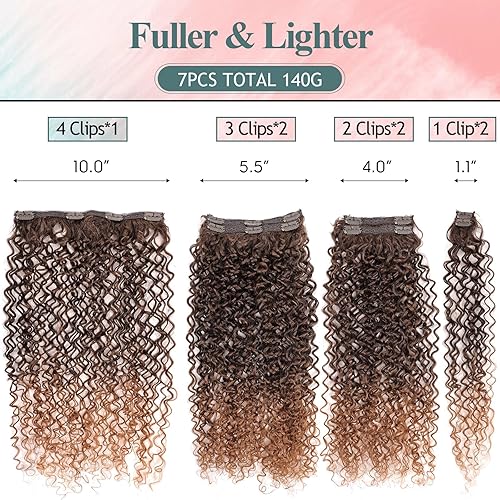 Miniatura 3 de Extensiones de cabello rizado con pinzas, 4.43 oz, 7 unidades, extensiones de cabello sintético degradado a rubio miel, extensiones de cabello