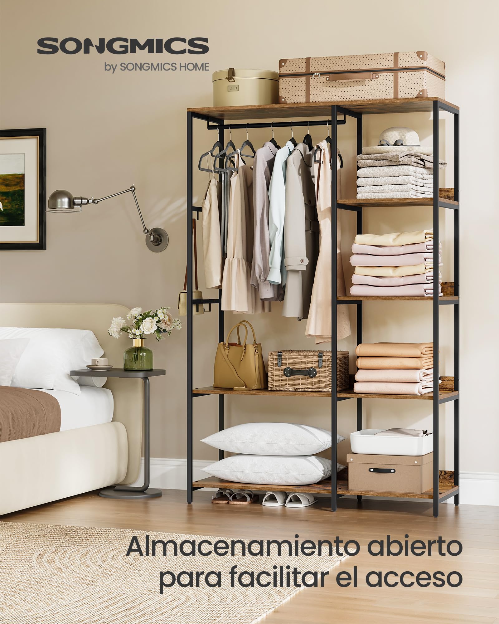 SONGMICS Guardaroba, Stand Appendiabiti, Armadio Aperto con Aste per Appendere, Ripiani Portaoggetti, Ganci Rimovibili, 98 x 40 x 181 cm, Marrone Vintage RGR024B01