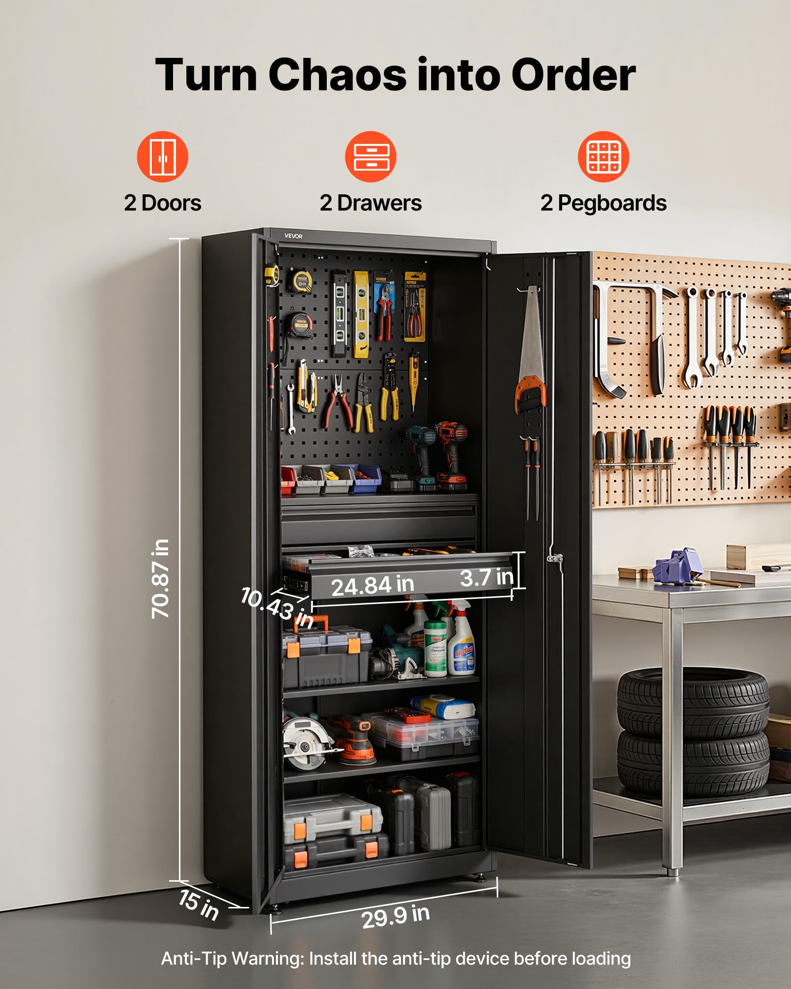 VEVOR Armadio Portaoggetti in Metallo, Armadio Porta Attrezzi, Portata per Ripiano Fino a 81,5 kg, Altezza 180 cm, 2 Ante con Serratura e Ripiani Regolabili, 2 Cassetti e Pannello Forato, per Garage