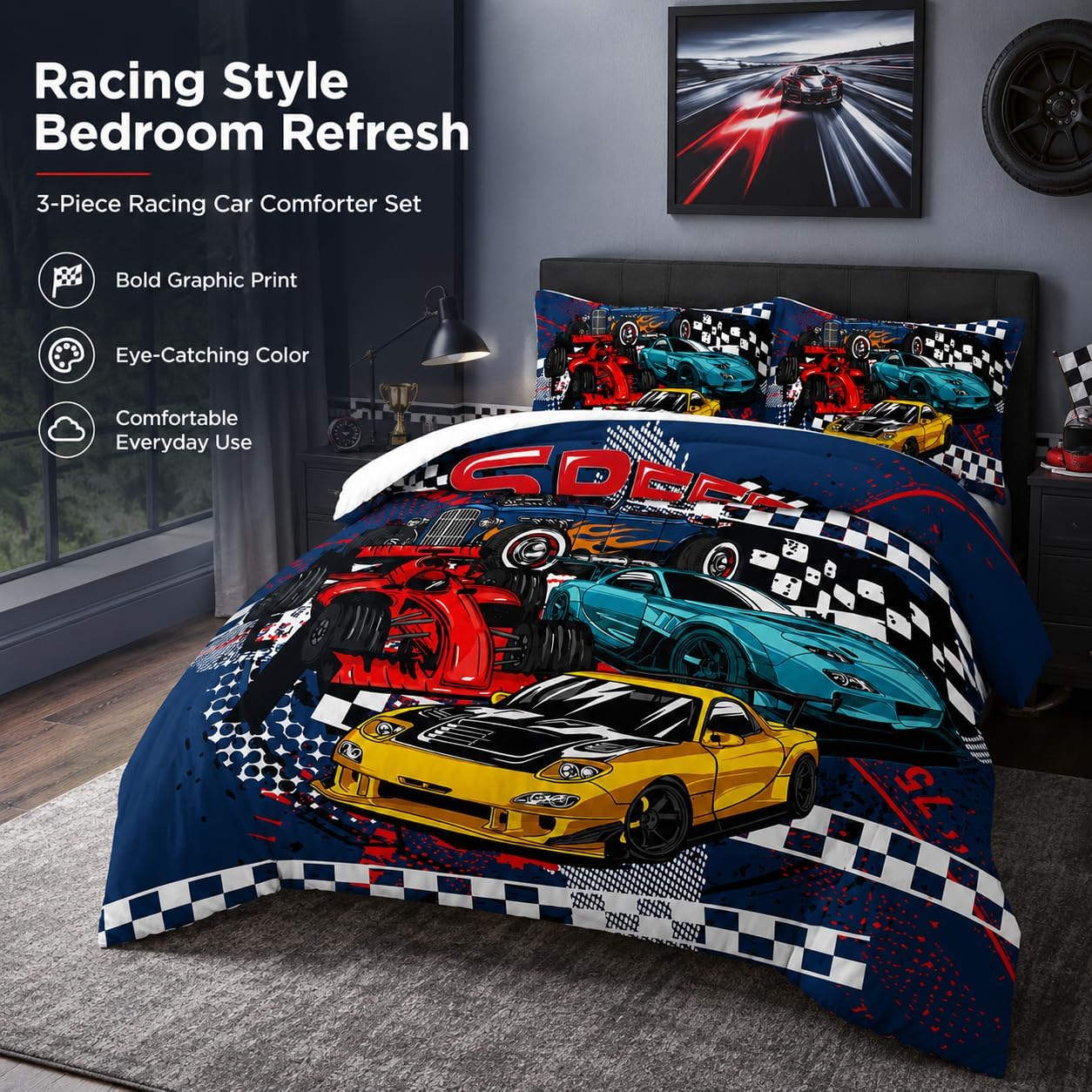AILONEN Racing Car Comforter Set Full Size, Cool Speed Race Car Bedding Sets for Kids Boys,Automobile Extreme Sport Duvet Set,Checkered Squares Quilt Set,3 Pieces,1 Quilt and 2 Pillowcases,Microfibre image 2