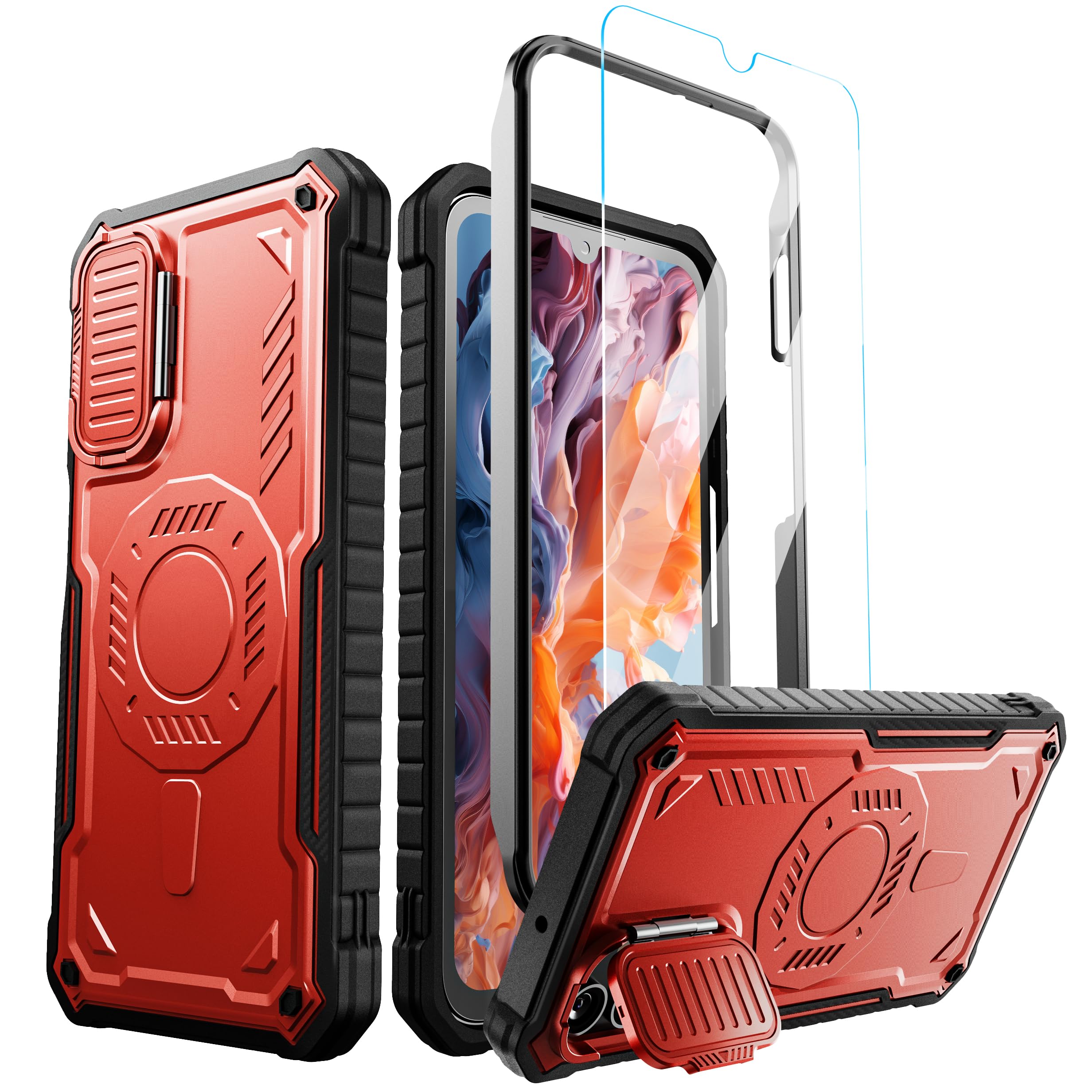 ExoGuard for Samsung Galaxy A15 Case with Screen Protector, Rubber Full-Body Cover Protective Case with Camera Cover and Kickstand Function (Red)