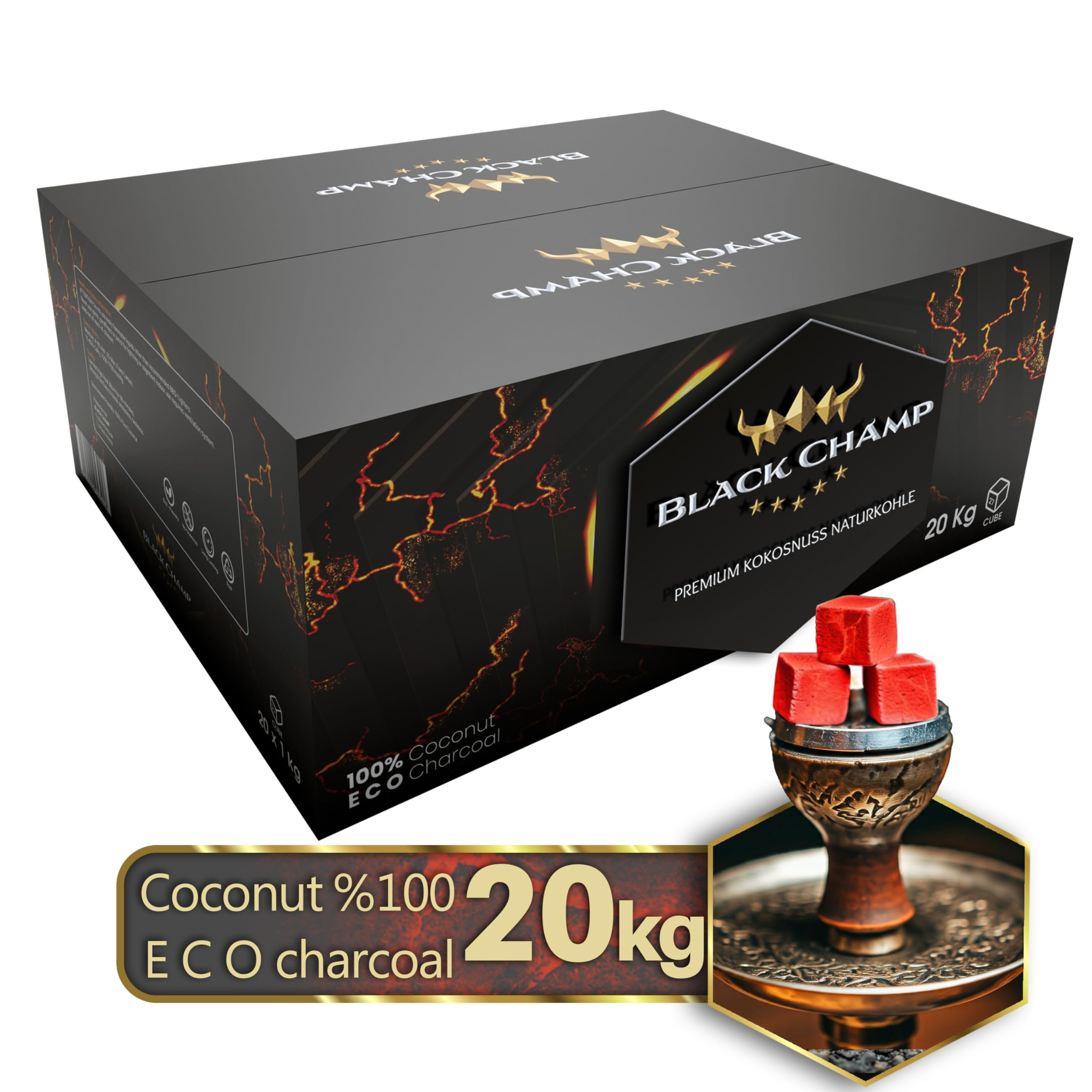 Shisha Kohle | 27 mm | 20 kg | Black Champ | Premium Naturkohle aus Kokosnussschalen| Für Shisha und Grill