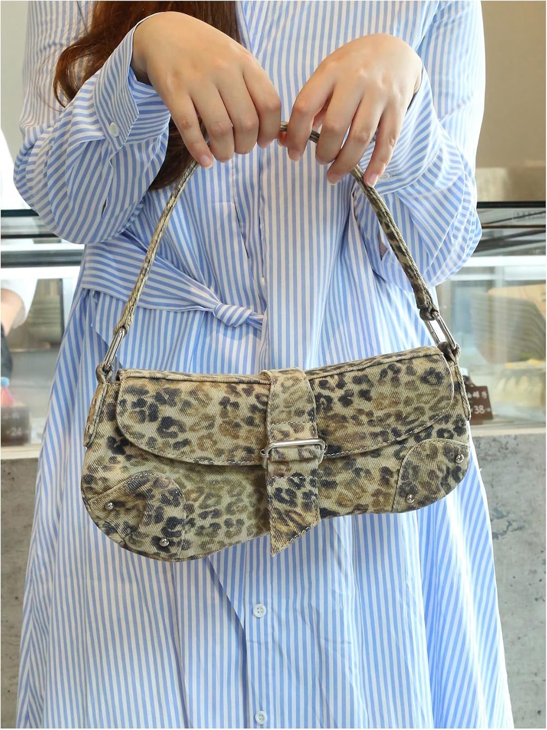 QWINEE Women's Y2K Leopard Print Shoulder Bag Denim Handbags Retro Cheetah Purses Top Handle Buckle Clutch Underarm Bag - Image 3