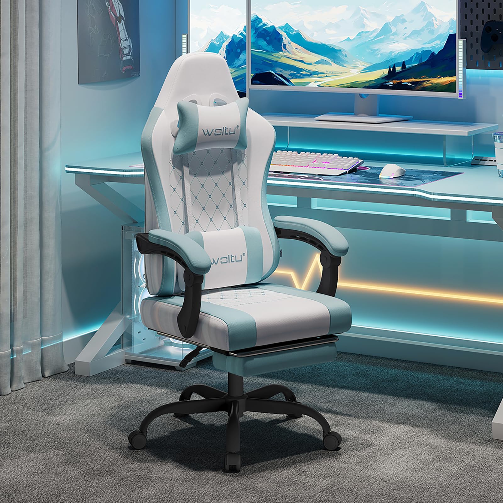 WOLTU Gaming Chair, Office Chair, Pocket Spring Cushion, Massage Lumbar Pillow, Footrest, Ergonomic Wide Padded Swivel Chair, 150kg Load, Breathable Mesh, Blue+White