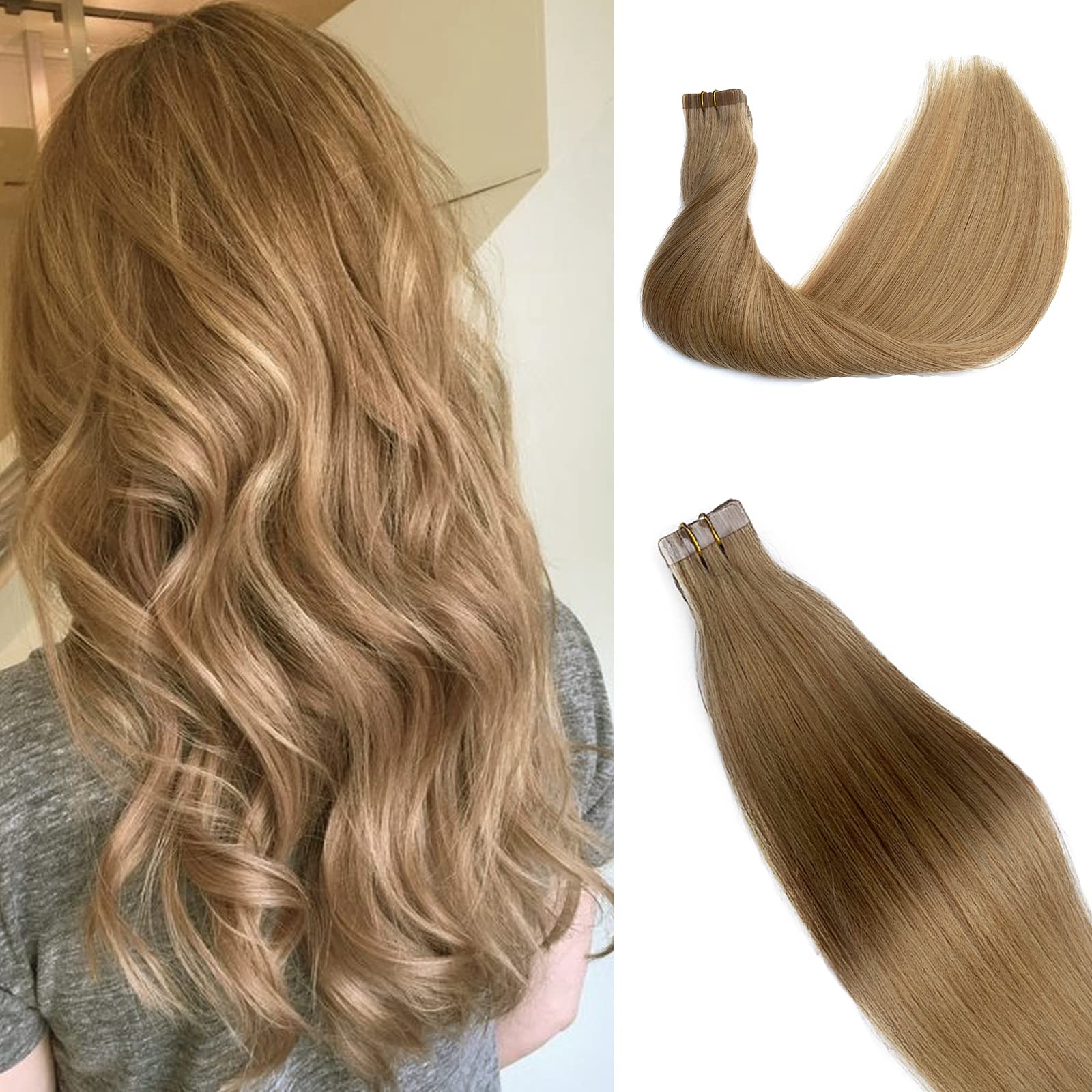 16Inch Blonde Tape in Extensions 9A Grade Human Hair Strawberry Blonde 20pcs/30grams Human Remy Hair Seamless Skin Weft Silk Straight #27 Tape in/on