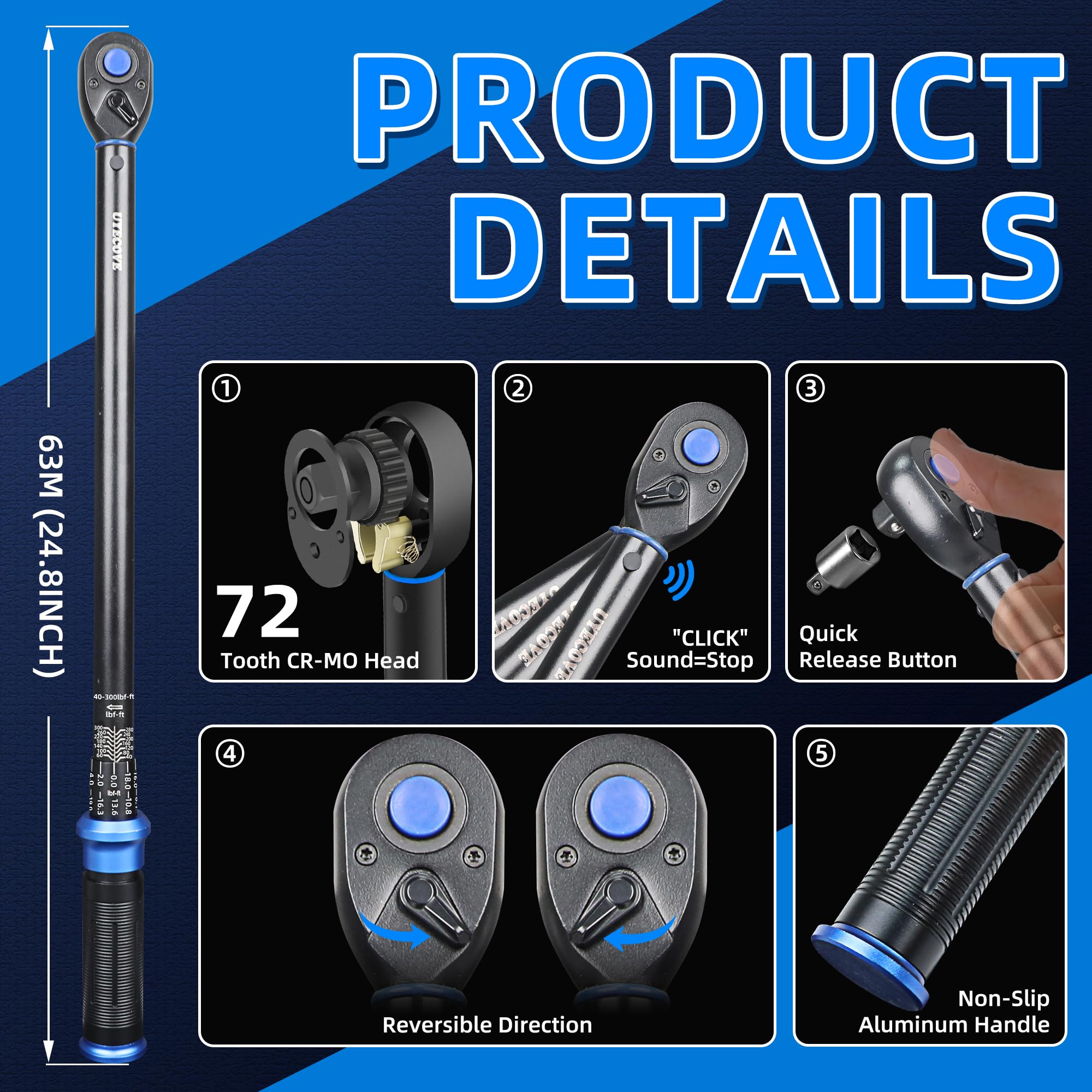 Llave dinamométrica de clic de 1/2 pulgada, llave dinamométrica profesional de doble dirección de 25-250 pies. LB/33.9-339N.M, escalas de doble rango graduadas en FT.LB y N.M, azul