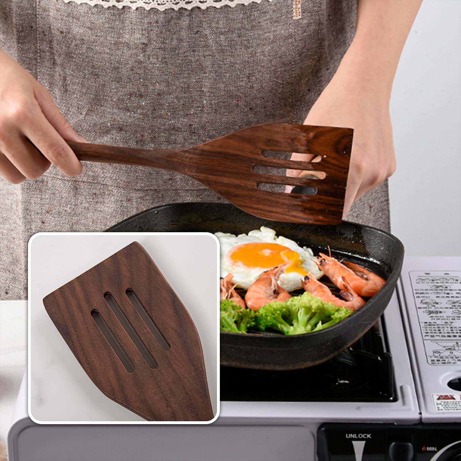 Standcn Küchenutensilien-Set aus Holz, 6 Stück, schwarzes Walnussholz, Löffel und Spatel, Set zum Kochen, hitzebeständig, antihaftbeschichtet