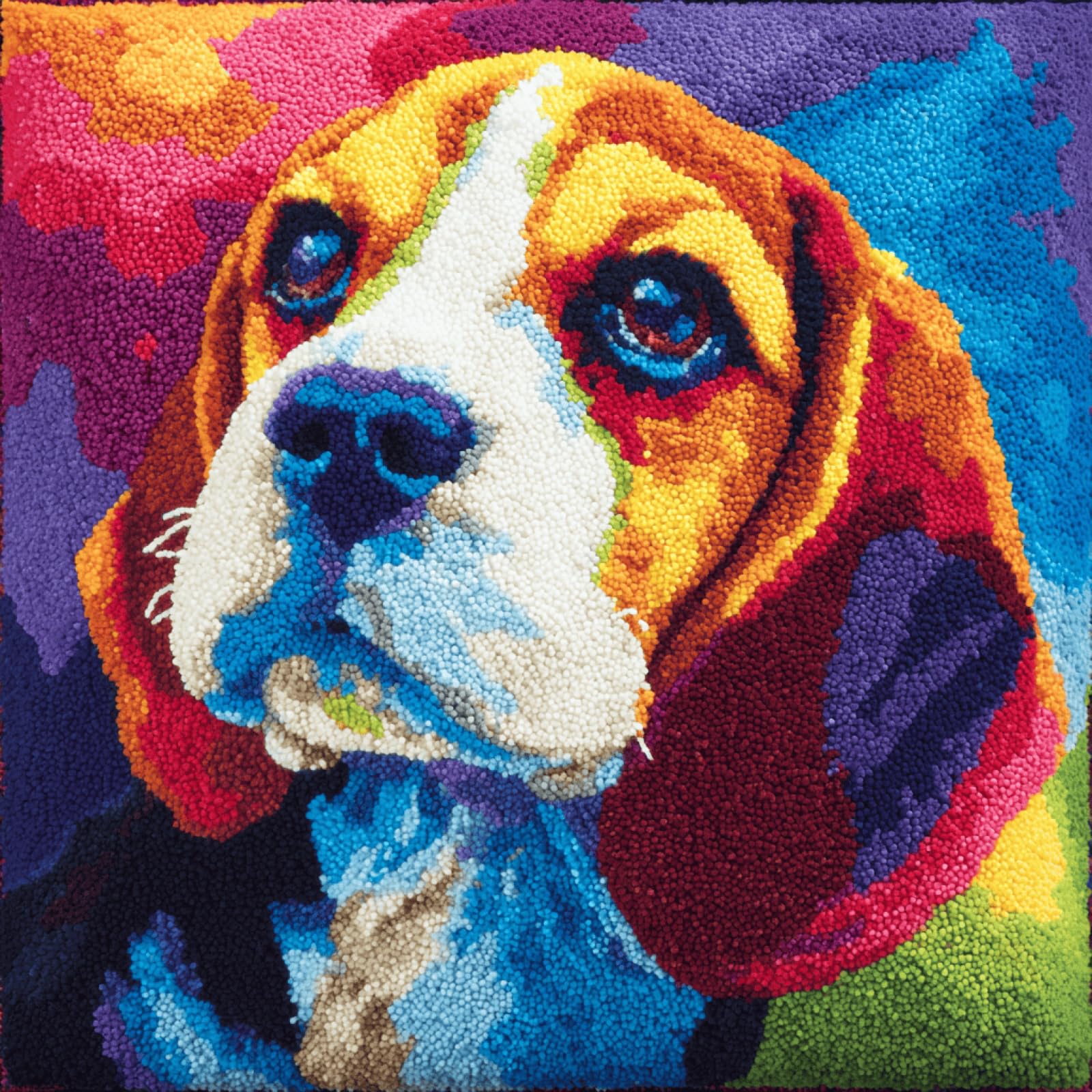 kitphoenix Crochet Cushion Kit 43x43 cm, Beagle,DIY Latch Hook Cushion Making Set with Printed Canvas,Pre-Cut Yarn and Easy Instructions for Beginners