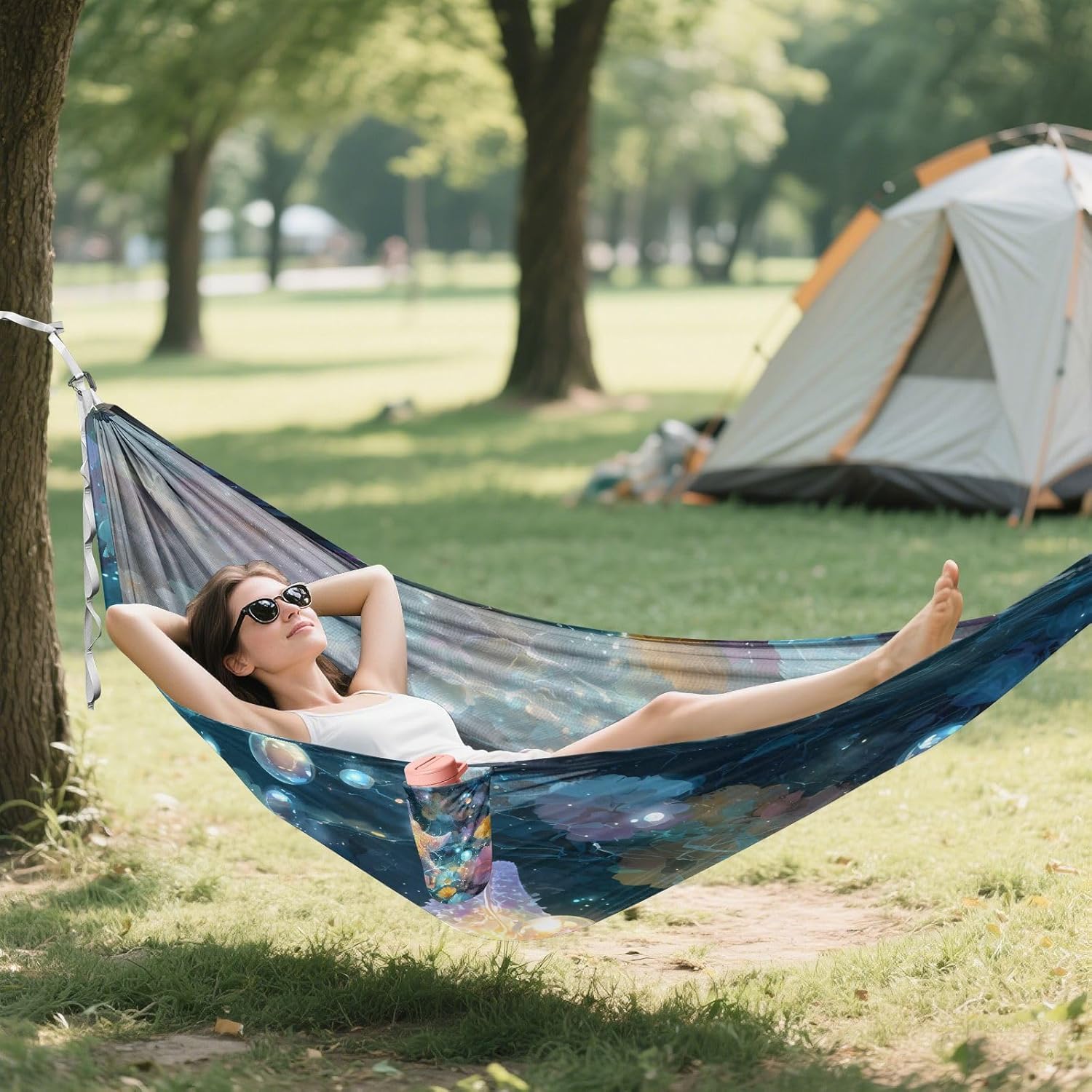 ALAZA Rainbow Starfish Flowers Camping Hammocks Single or 2 Person 500 lbs Portable Parachute Travel Hammock w/Tree Straps for Hiking Backpacking Indoor Outdoor