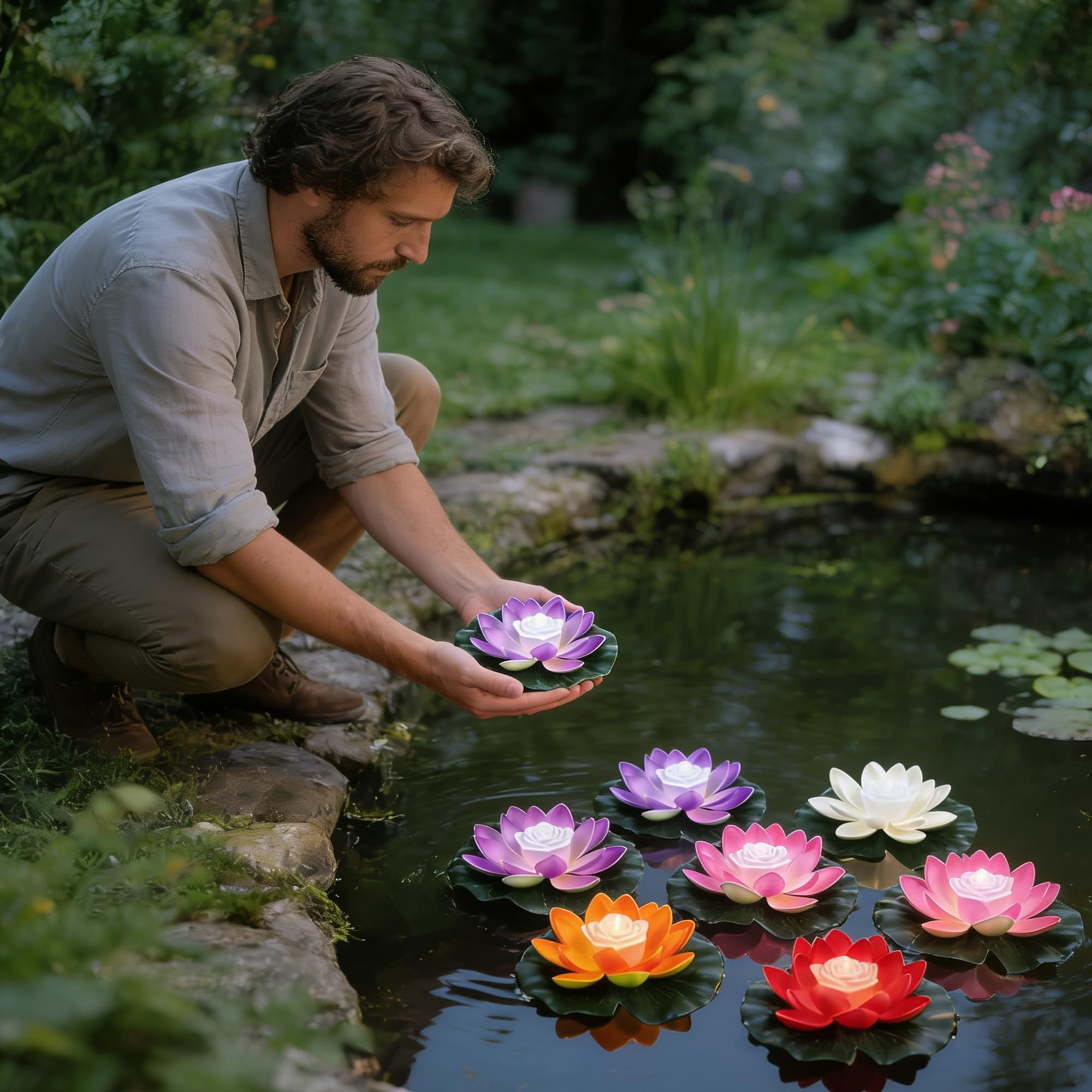 SUQ 5 Piezas Luz de Lirio Flotante de Agua, Flor de Loto Hojas de Loto para Estanque, Artificial Flor Luz, Jardín Iluminación Decorativa, para Piscina, Fuente, 18CM