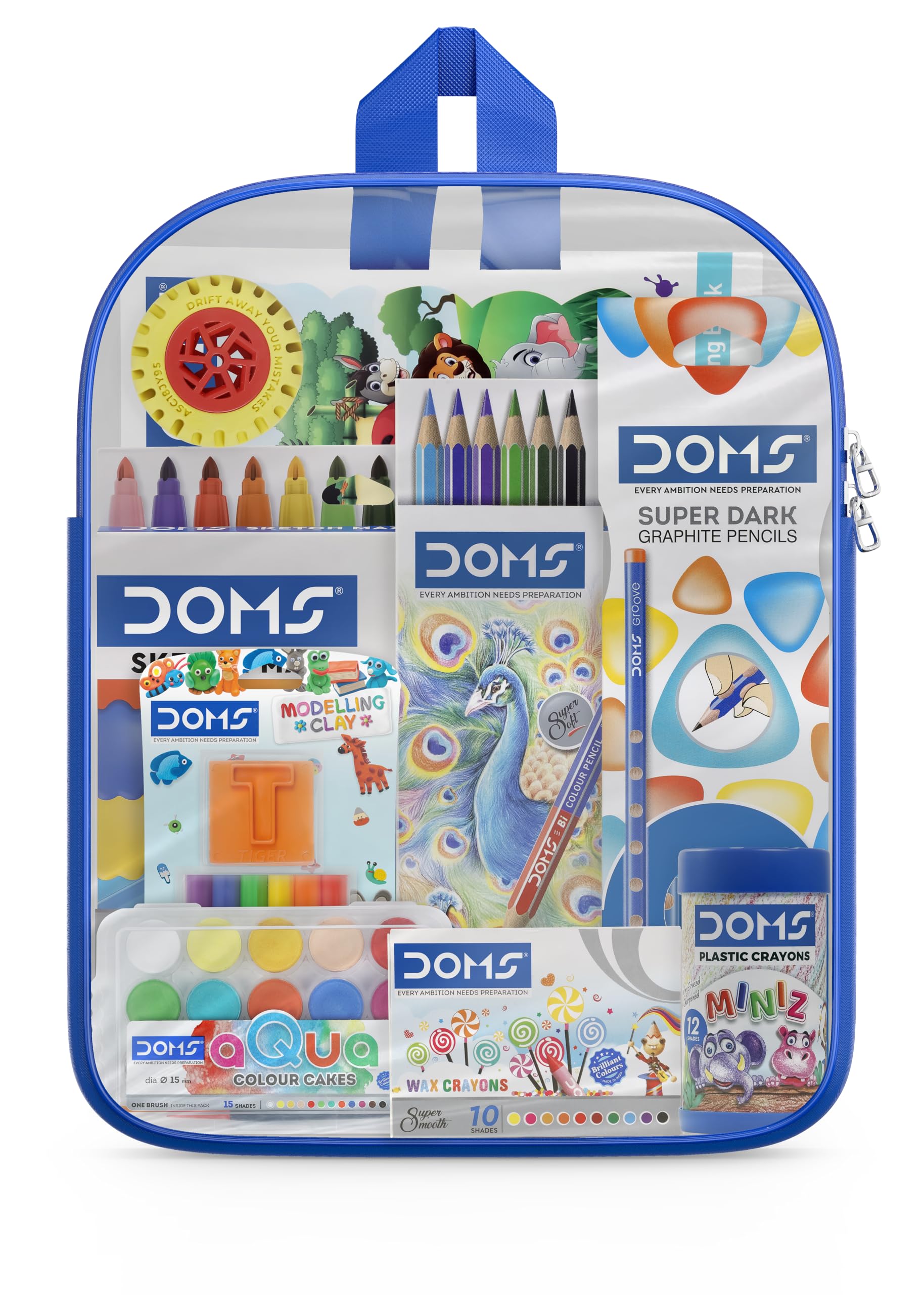 Doms Jonior Art Kit | Comes With Transparent Zipper Bag | Perfect Value Pack | Kit For School Essentials | Gifting Range For Kids | Combination of 8 Stationery Items
