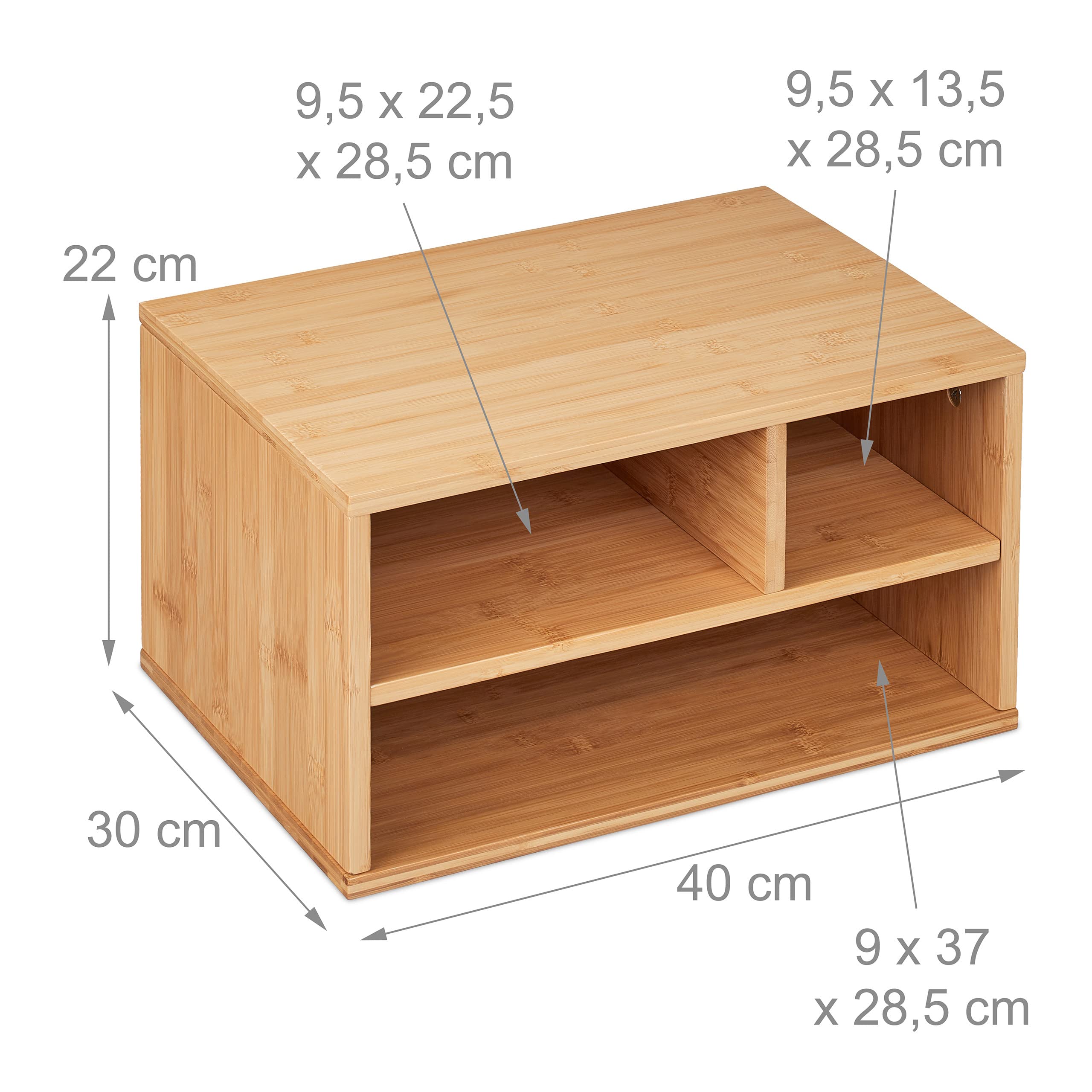 Relaxdays Stojak na drukarkę, biurko, 3 półki, regał na drukarkę, wys. x szer. x gł.: 22 x 40 x 30 cm, bambusowy organizer, naturalny