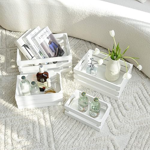 Miniatura 3 de MACVAD Juego de 4 cajas de madera grandes decorativas, cajas de madera encaladas para exhibir rústicas, cajas de almacenamiento de madera de granja