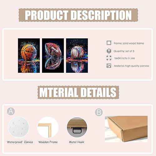 Miniatura 3 de Juego de 3 lienzos deportivos para pared, diseño retro de baloncesto, rugby, fútbol, béisbol, estilo graffiti, pintura de bolas, decoración de pared