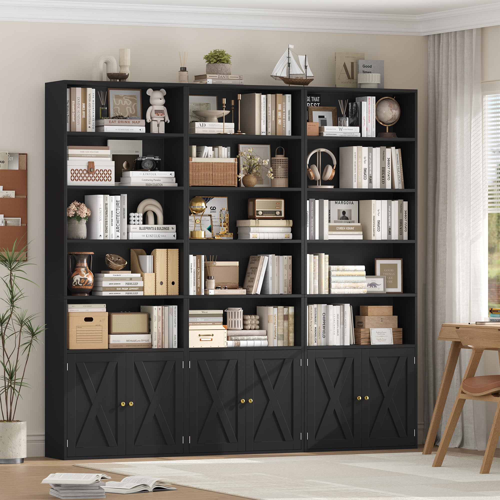 FirFurd 209 cm Bücherregal Bücherschrank mit 2 Türen 7 Ebenen Standregal | Hochschrank mit verstellbarer Ablage, Mehrzweckschrank für Wohnzimmer Büro Küche, 60 x 23,5 x 209 cm, schwarz