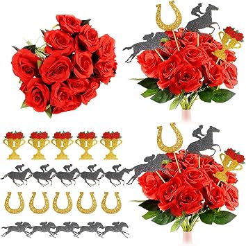 Derby Party Decorations Kit - 20 Pcs The Red Artificial Roses Flowers Bouquet Centerpiece with 20 Pcs Horse Racing Centerpiece Sticks for Derby Day Table Centerpieces Decor