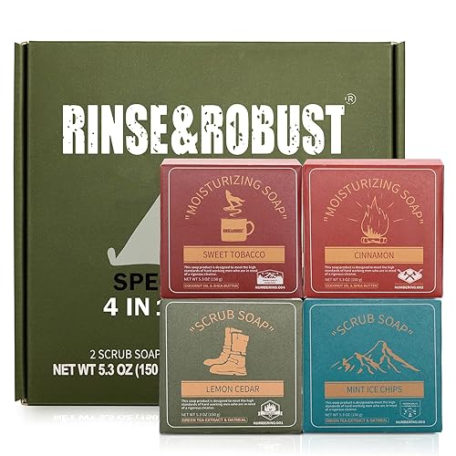 Miniatura 8 de Rinse & Robust Jabón en barra para hombre, 4 piezas, barra de jabón natural, barra limpiadora, hidratante y exfoliante, juego de regalo de jabón