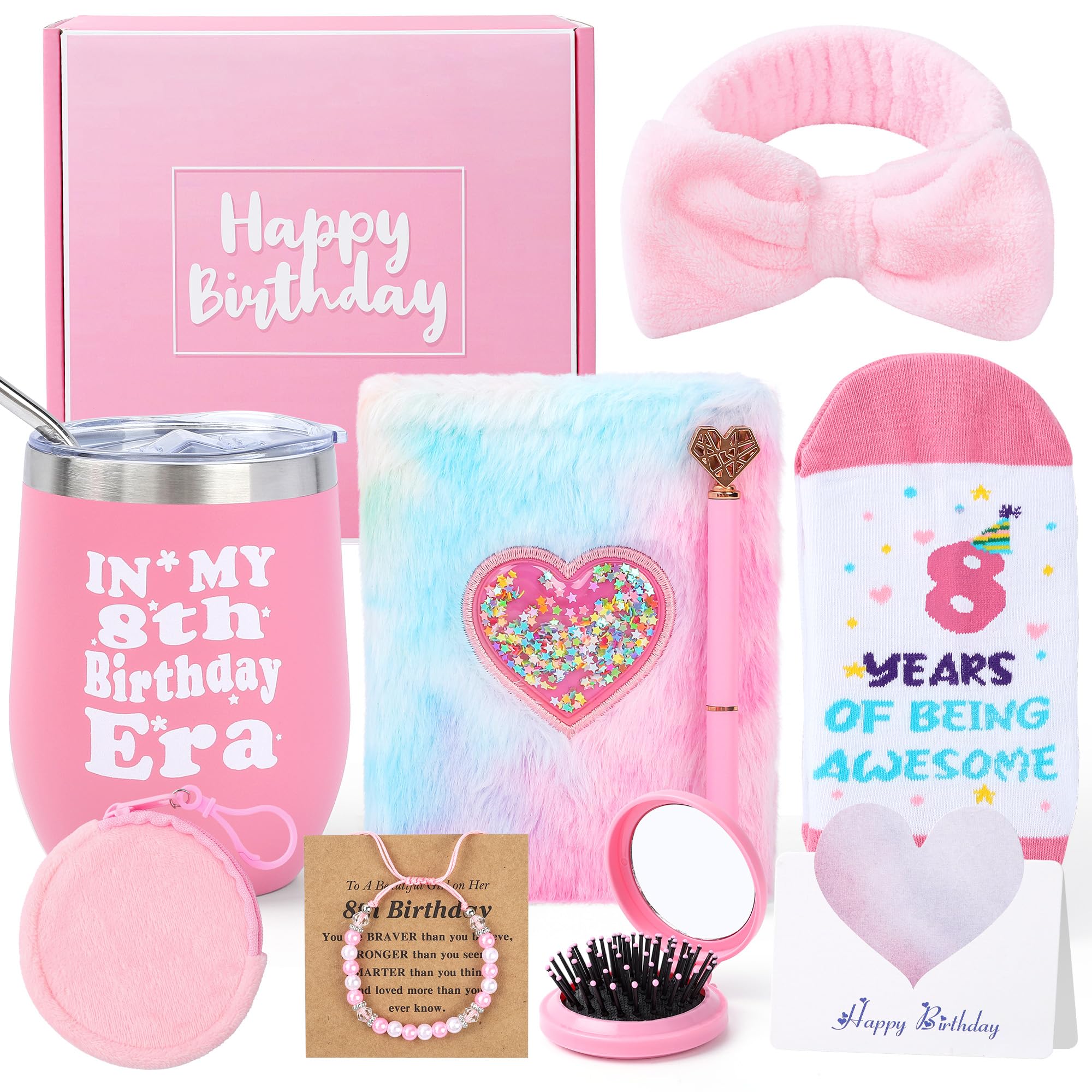 8 Year Old Girl Birthday Gifts - 9PCS Pink 8th Birthday Presents for Girl - Gifts for 8 Year Old Girls