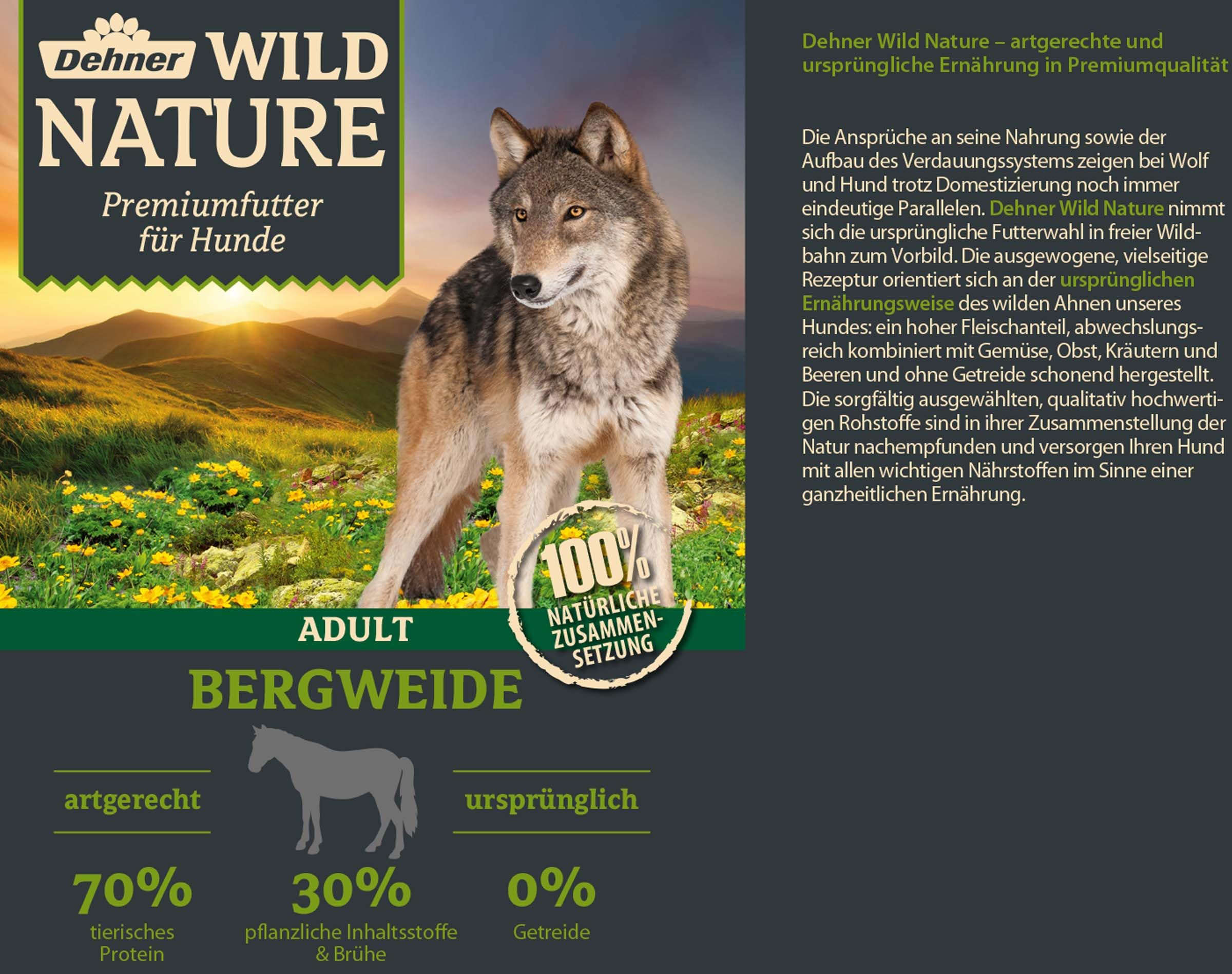 Dehner Wild Nature zestaw próbnej karmy dla psów, mokra karma bez zbóż/bez cukru, dla dorosłych psów, kaczek, koni, dziczyzn, królików, 6 x 400 g puszka (2,4 kg)