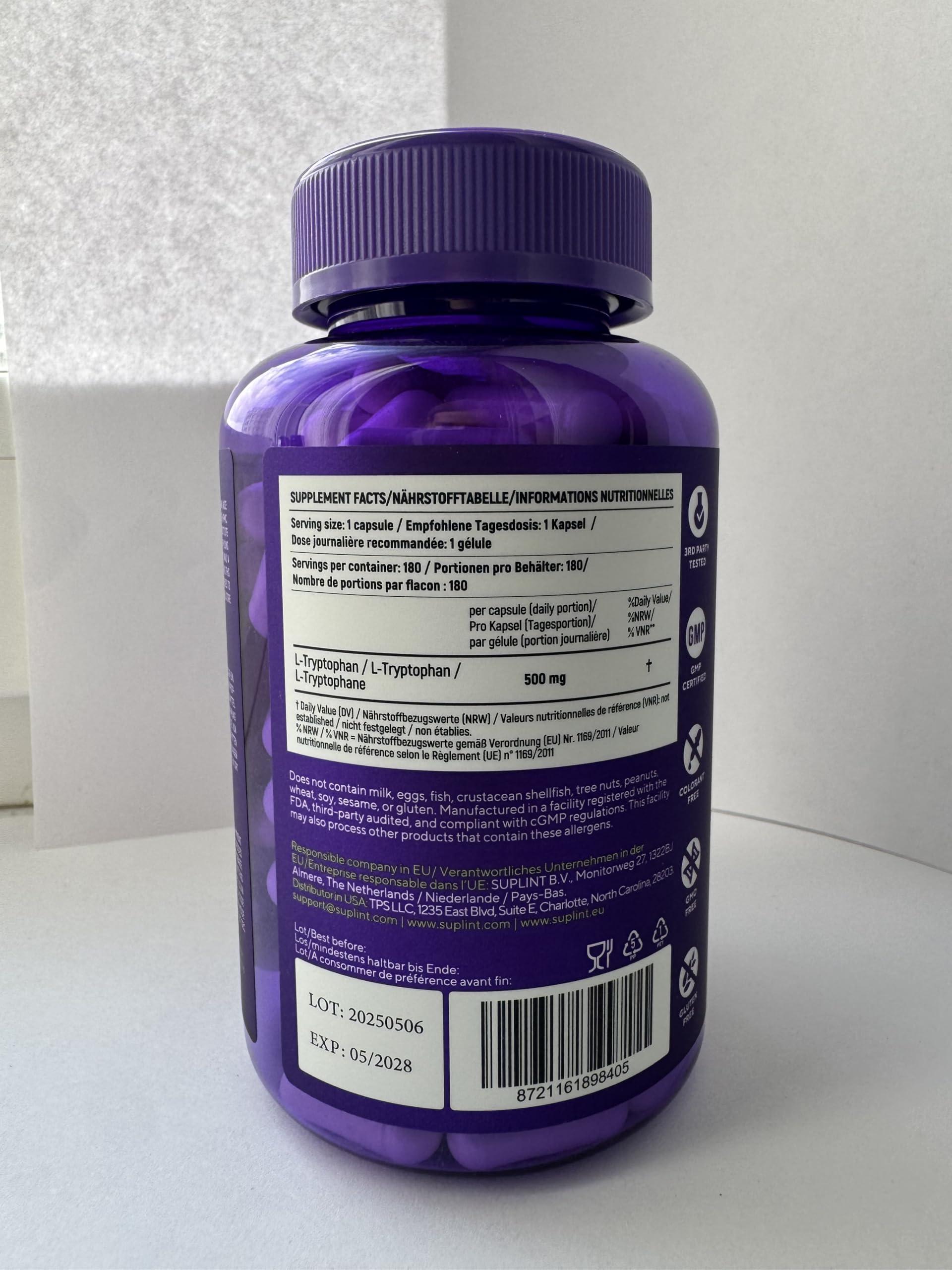 L-Tryptophane 500 mg – 180 Gélules Véganes – 3 Pack | Gélules Haute Concentration – 1 Gélule par Jour, Cure de 6 Mois – Certifié GMP & Testé en Laboratoire en Allemagne