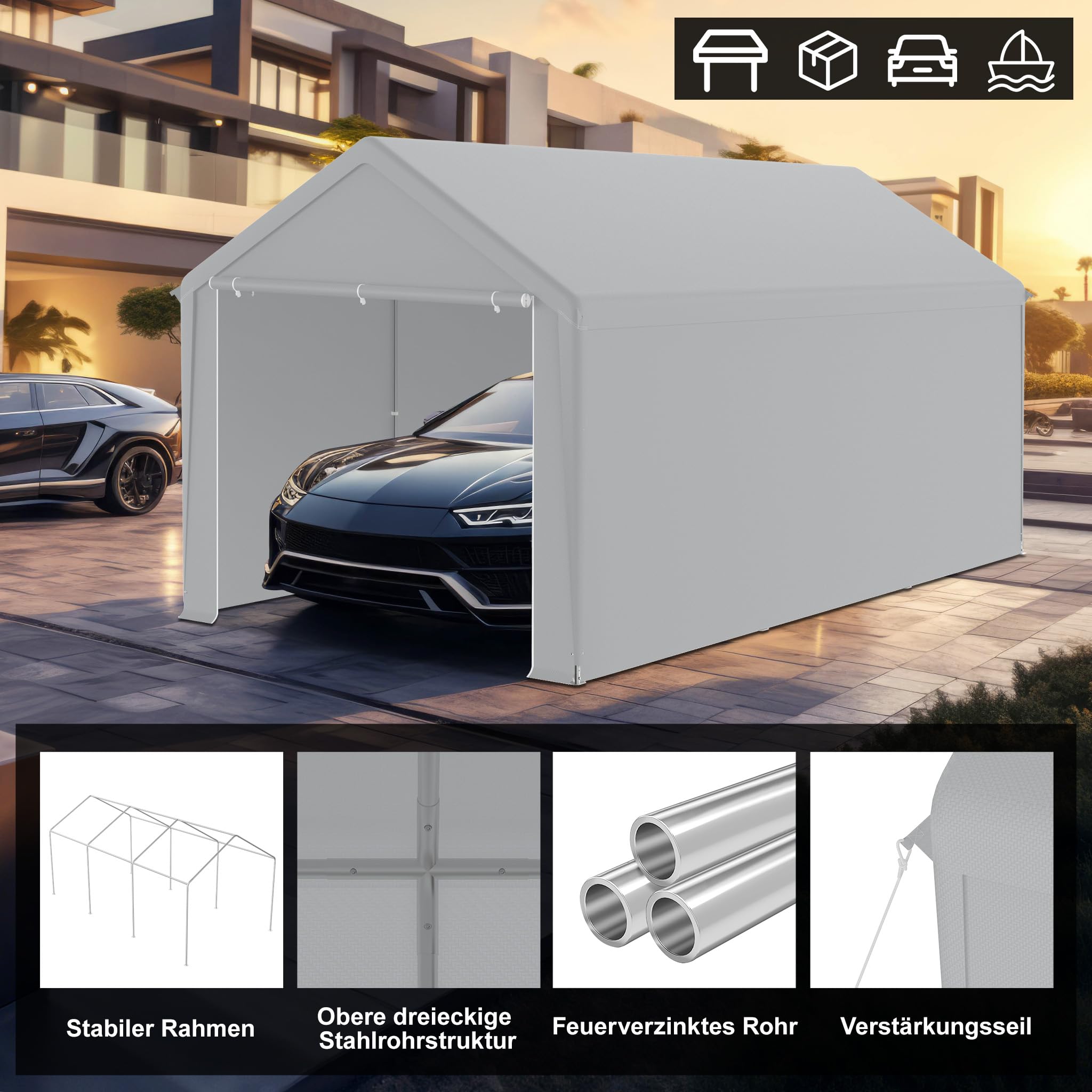 FIVMEN Carport Zeltgarage 3x6 m Große Garagenzelt Lagerzelt mit Abnehmbar Seitenwände Winterfest Mobile Garage Unterstand Weidezelt für Auto SUV LKW, Grau