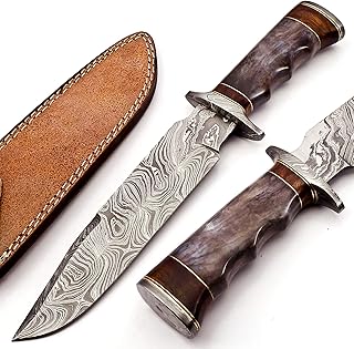 BK-3017 Handmade Damascus Steel 13 inches Hunting Knife – Buffalo Horn Handle With Leather Sheath, Great Knife For Hunting, Hiking Camping Gifts and Collection - Nooraki