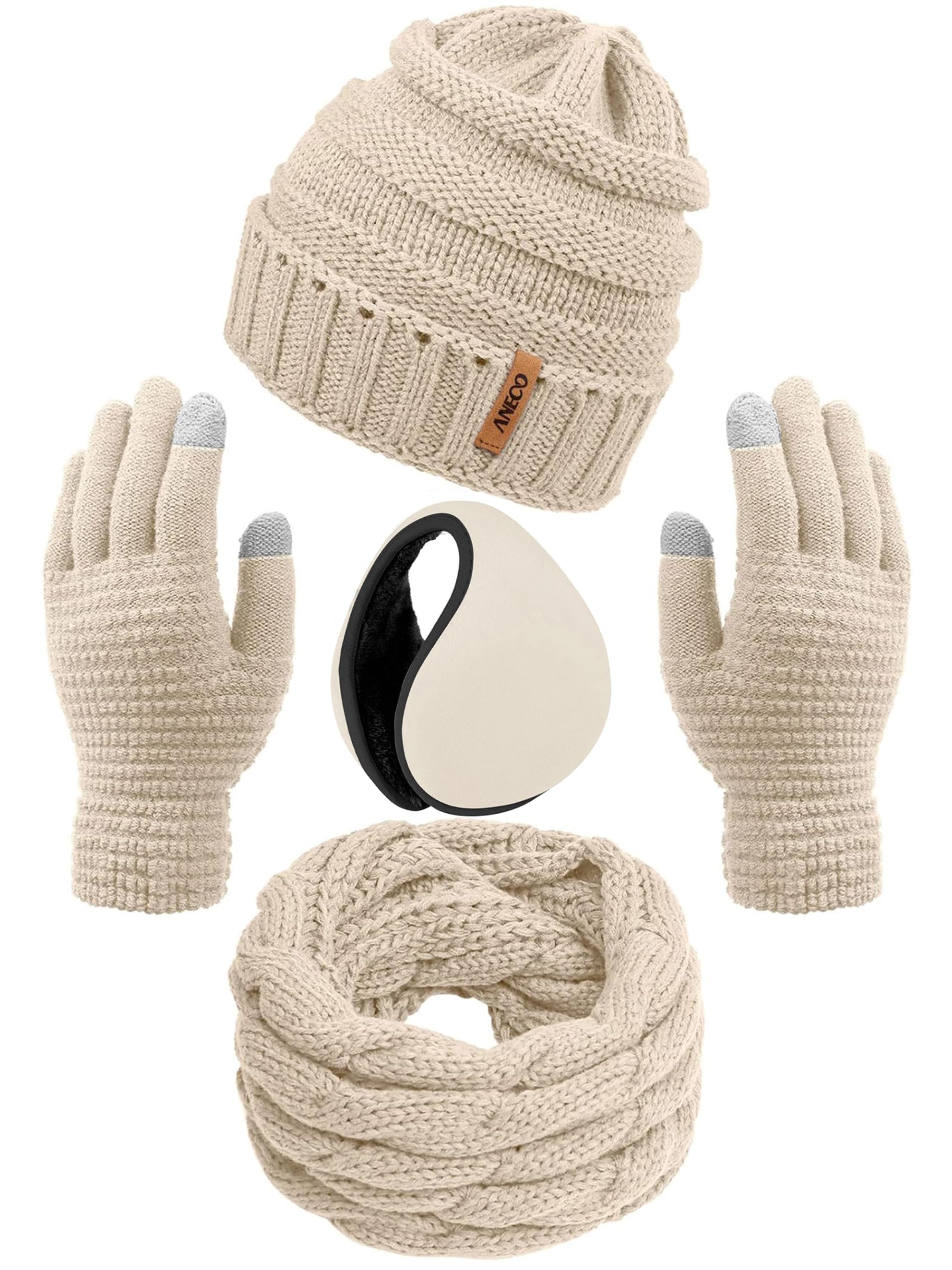 Aneco 4-in-1 Winter Warm Set Knitted Scarf Soft Beanie Hat Touch Screen Gloves and Winter Ear Warmer Set for Men or Women