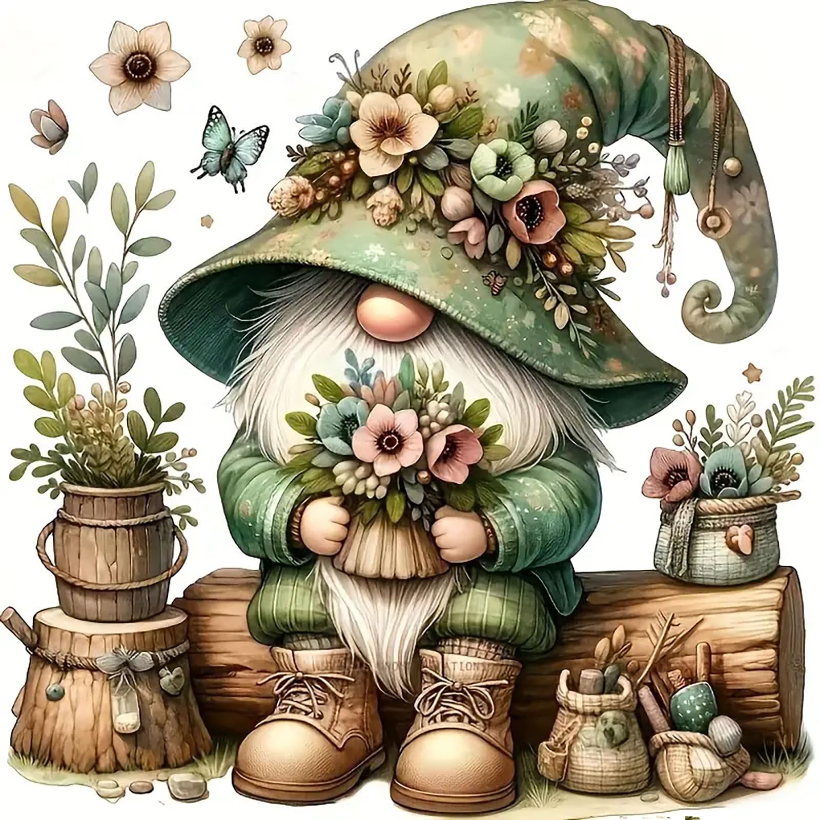 CHWGLFGG 5D Gnome Diamond Art Kits for Adults Beginners,DIY Full Round Drill Diamond Painting Kits Spring Flower,Paint by Diamonds Dot Gem Art Crystal Butterfly Easy,Home Wall Decor 11.8X11.8Inch