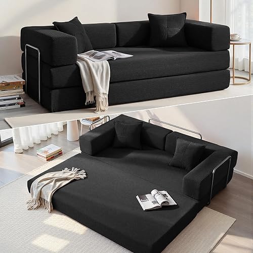 YINIX Foldable Sofa Bed, 78'' Folding Floor Couch, Compressed Convertable Sleeper Sofa, Memory Foam Couch with Pillow Back Support Armrest, 4-in-1 Futon Sofa Bed for Living Room, Black
