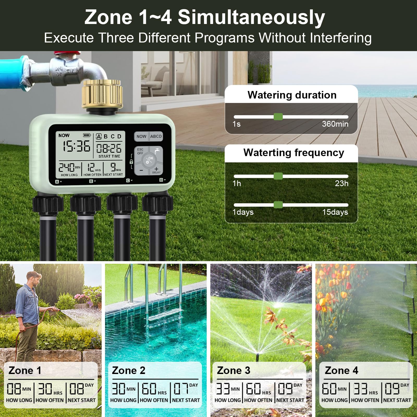 Temporizador de Riego de 4 Zonas con Entrada de Latón, Temporizador de Aspersor, Temporizadores Programables para Grifo de Manguera de Jardín Exterior con Retardo de Lluvia/Manual/Automático Sistema