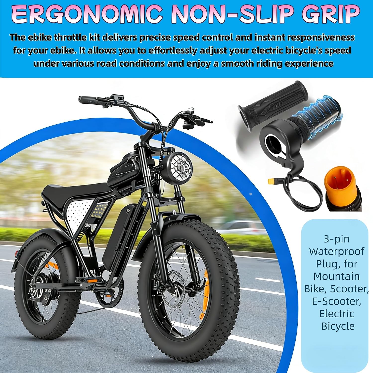 20X Full Twist Throttle Grip, 3pin Waterproof Connector for Ebike 12V-72V | 7/8-inch 22.2mm Handlebar, Compatible with Electric Bicycle, Scooter, Mountain Bike