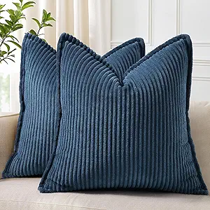 decorUhome Corduroy Navy Blue Throw Pillow Covers 18x18 Set of 2 Decorative Soft Boho Striped Neutral Euro Farmhouse Couch Pillow Cases with Broadside for Living Room Bed Sofa