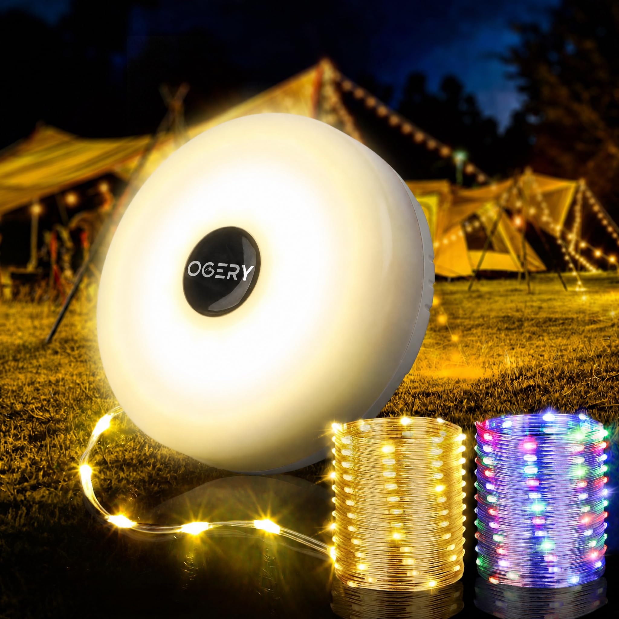 OGERY Camping String Lights, 4-in-1 32.8FT Rechargeable LED Tent Lights with Quick Storage, 8 Lighting Modes, Waterproof Hanging Lamp for Camping, Garden, Patio & Caravan