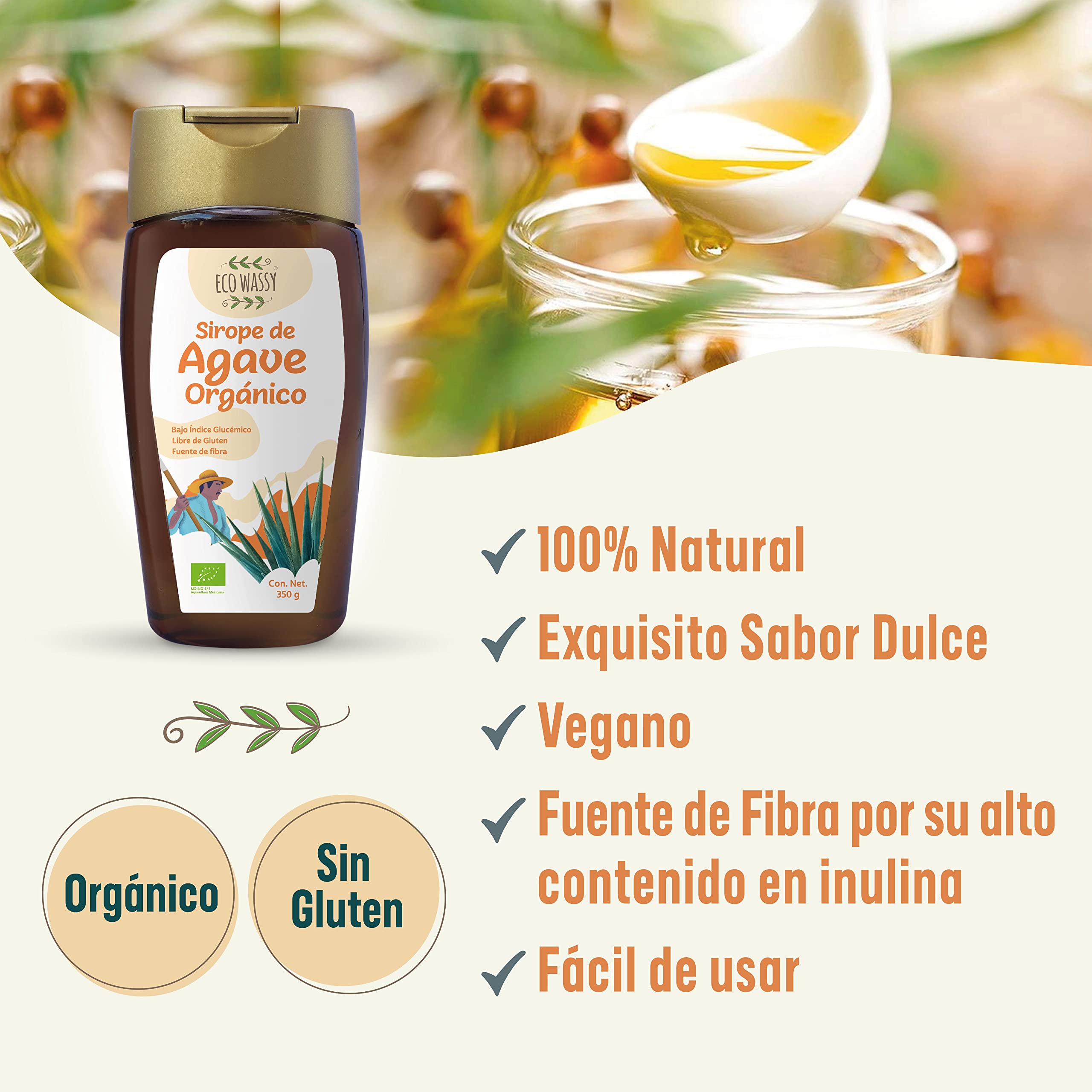 Sirope De Agave Crudo, Endulzante Natural Orgánico, 100% Puro, Sin Gluten, Bajo Índice Glucémico