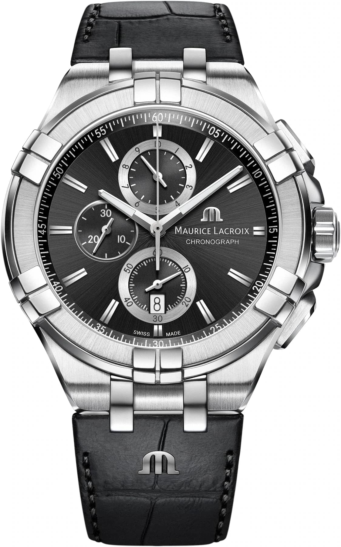 Maurice Lacroix Men's Stainless Steel Swiss Quartz Watch with Leather Strap, Black, 18 (Model: AI1018-SS001-330-1)