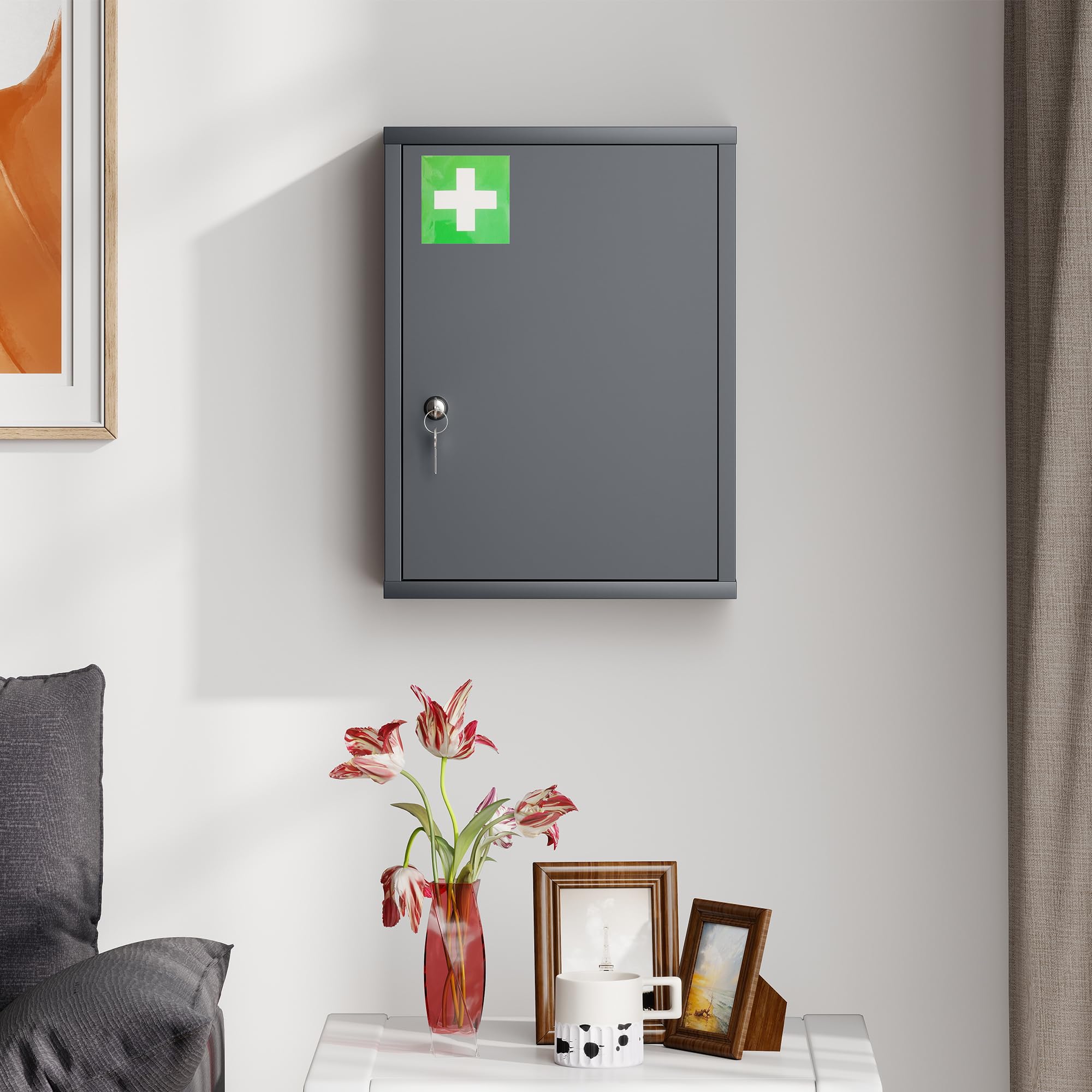 kleankin Armoire Pharma Verrouillable 3 Compart. 40x15x53.5cm Gris Anthr.