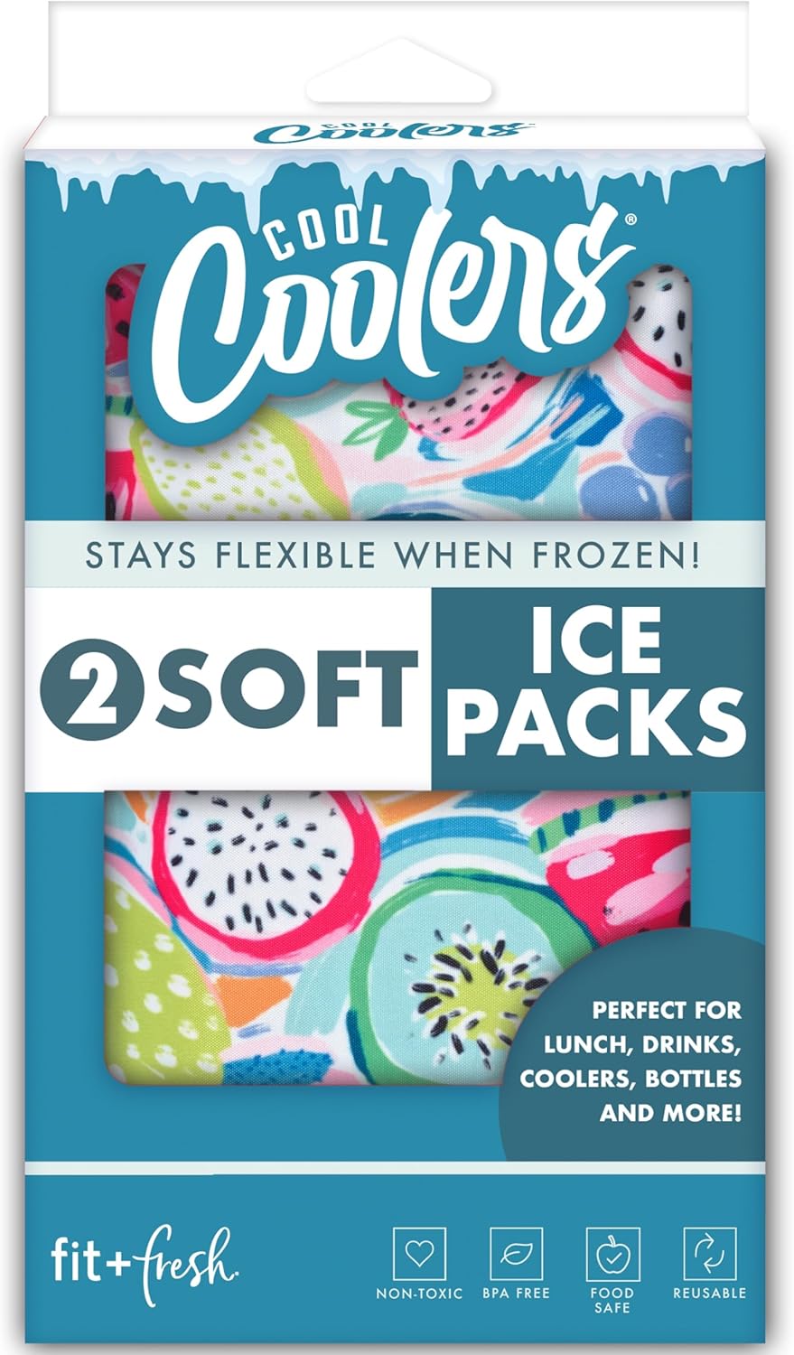 Cool Coolers by Fit & Fresh 2 Pack Soft Ice, Flexible Stretch Nylon Reusable Ice Packs for Lunch Boxes & Coolers, Fruit & Dot