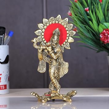 KridayKraft Lord Krishna Standing Playing Flute Gold Puja Room Decor Home Office Table Gift Corporate Gift Diwali Gift Wedding Gift
