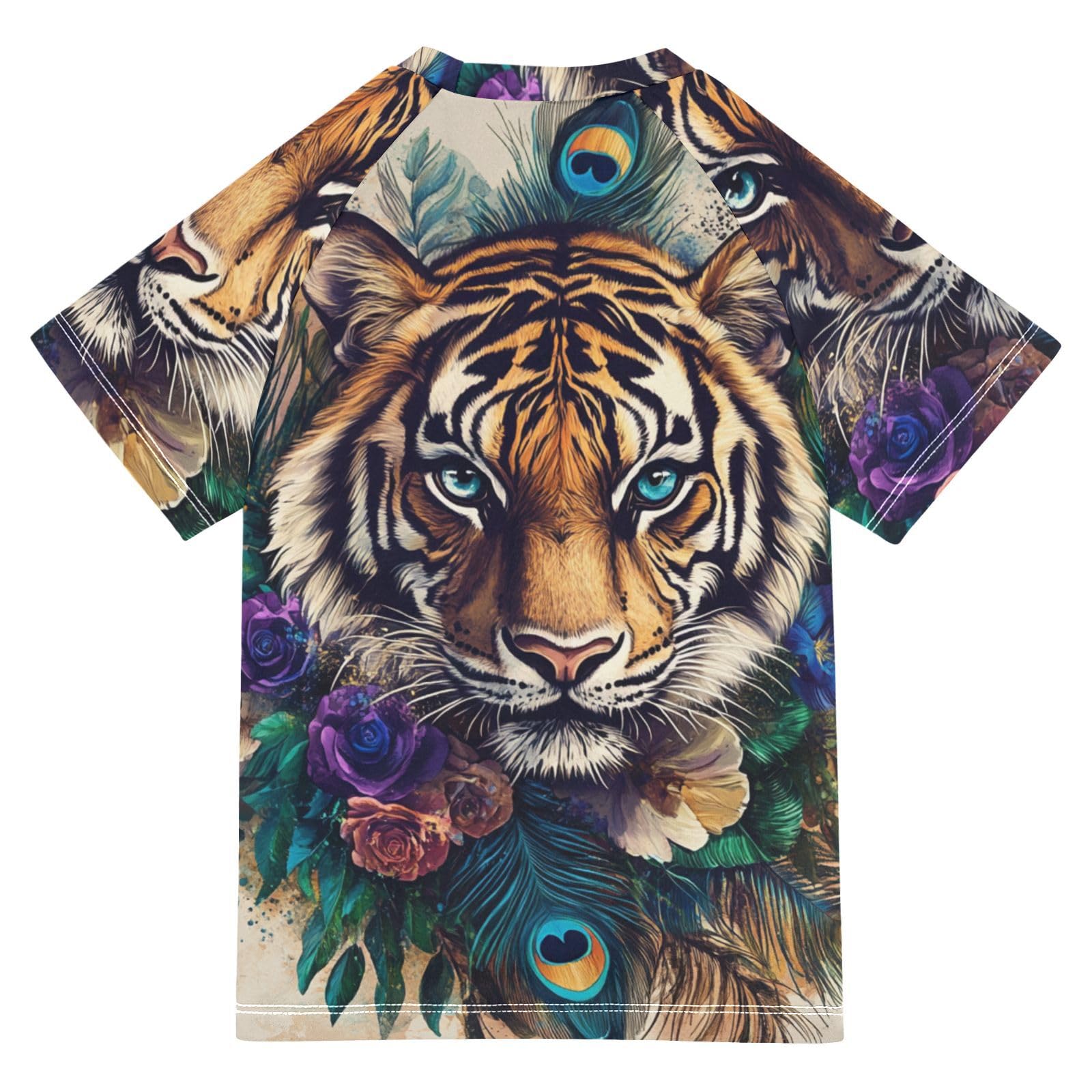 Jucciaco Boys Short Sleeve T-Shirts Tiger Feather Peacock Rashguard Kids Swim Shirts Sun UPF 50+ Multicoloured