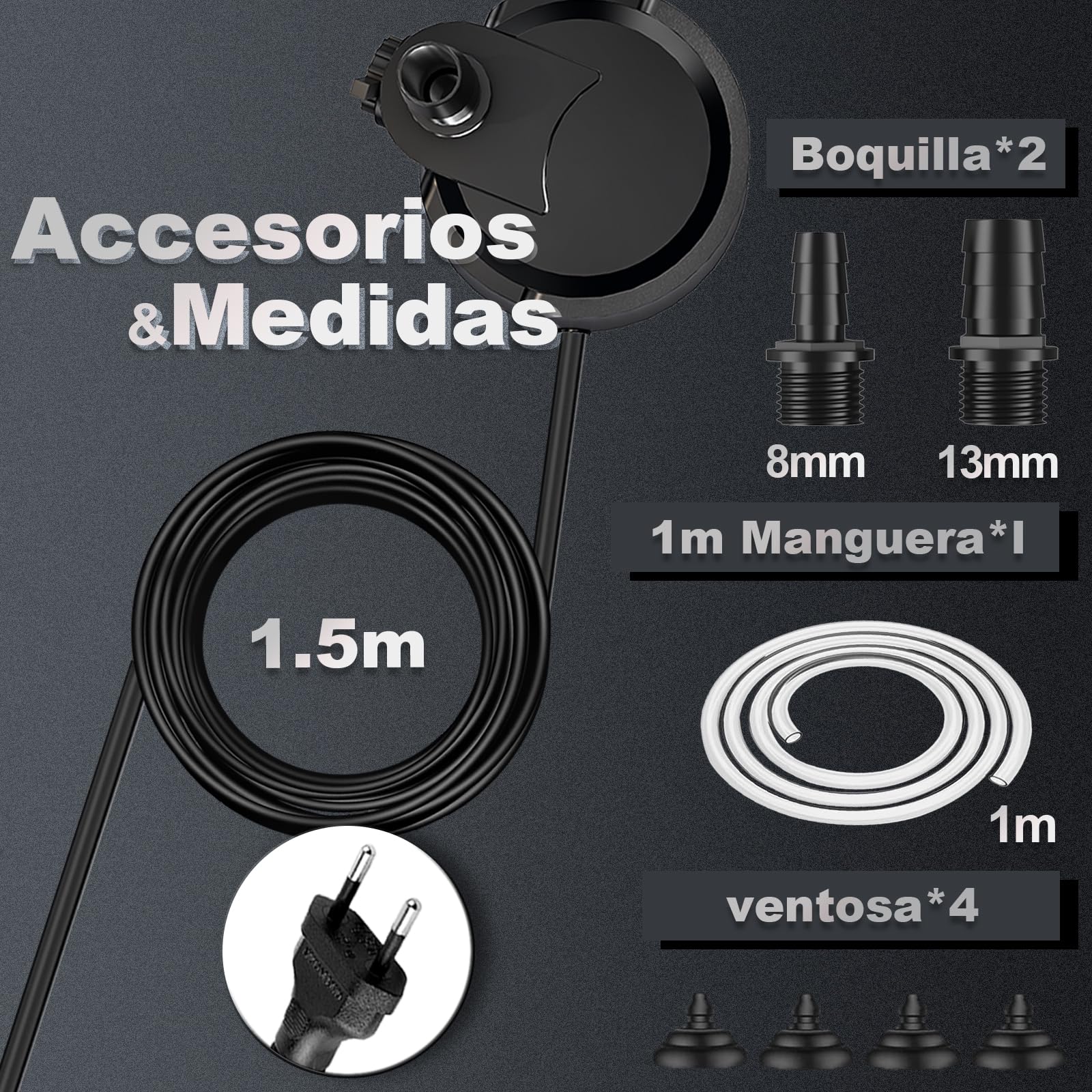 Bomba de Agua Sumergible 15W 800L/H Bomba de Acuario con Interruptor Ajustable + Cable de 1.5 Metros + 2 Boquillas, Motor Fuente de Agua Ultra Silencioso Para Acuarios, Jardines, Fuentes, Estanques