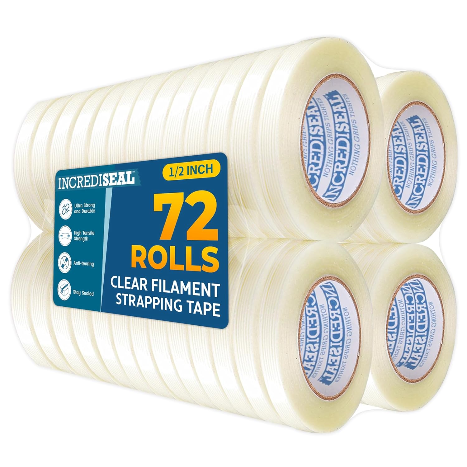 IncrediSeal 1/2 Inch x 180 Feet Clear Filament Strapping Packing Tape (72 Rolls) - Heavy Duty 5.50 Mil, Strong Adhesive for Shipping, Moving, and Box Sealing