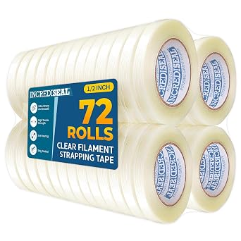 IncrediSeal 1/2 Inch x 180 Feet Clear Filament Strapping Packing Tape 72 Rolls - Heavy Duty 5.50 Mil, Strong Adhesive for Shipping, Moving, and Box Sealing