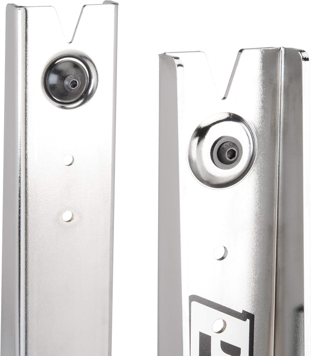 Close-up of the Park Tool TS-4.2 truing stand's V-shaped axle mounts on the uprights