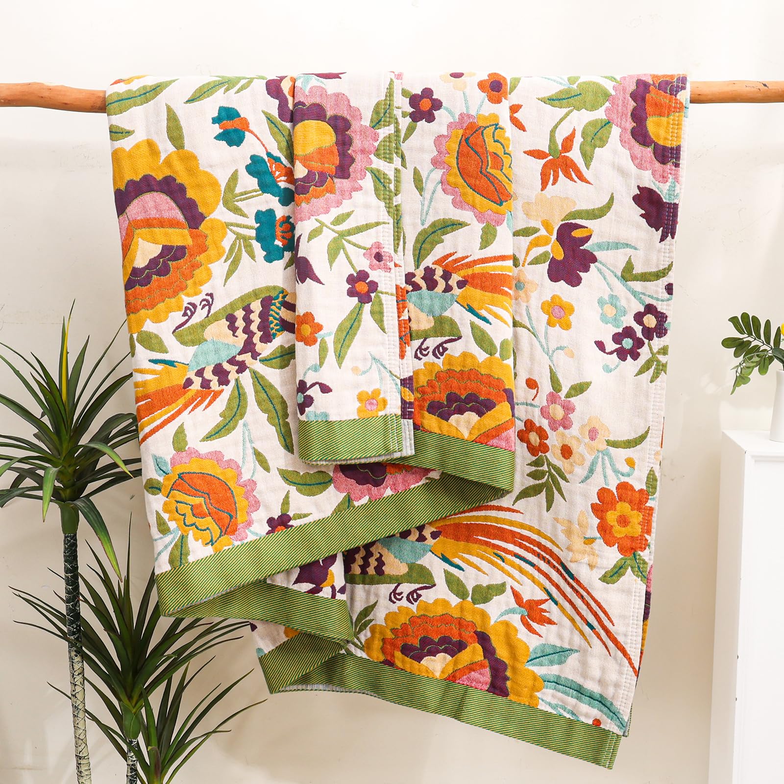 HOORDRY Manta decorativa bohemia de algodón de doble cara, agradable al tacto, para cama individual y sillón con patrones de flores, colcha para todas las estaciones, 100% algodón puro, 150 x 200 cm.