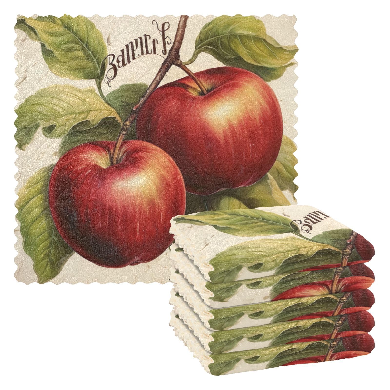 Kigai Vintage Apples Kitchen Dish Towels Set of 6, 11x11 Inch Reusable Quick Drying Cleaning Cloths Soft Absorbent Dish Rags Kitchen Dishcloths for