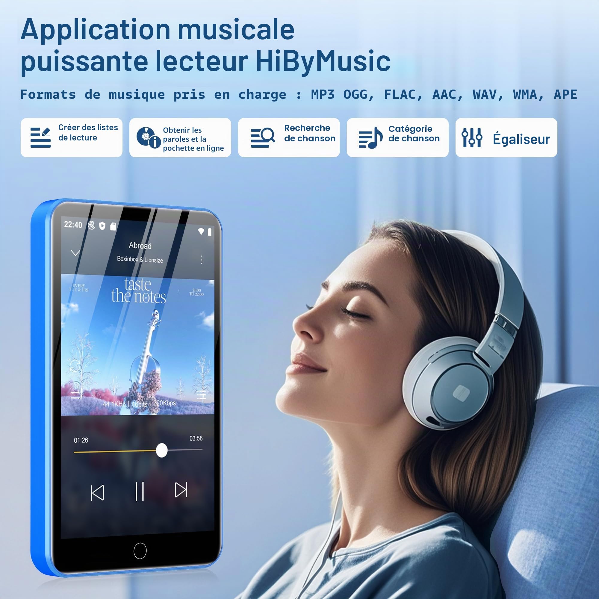 Lecteur MP3 Diofox 80 Go avec Bluetooth et Wi-FI, Lecteur MP3 Android Spotify, Amazon Music, Audible, Lecteur MP4 à écran Tactile 4 Pouces, Musique en Streaming, Play Store, Radio FM, Deezer - Bleu